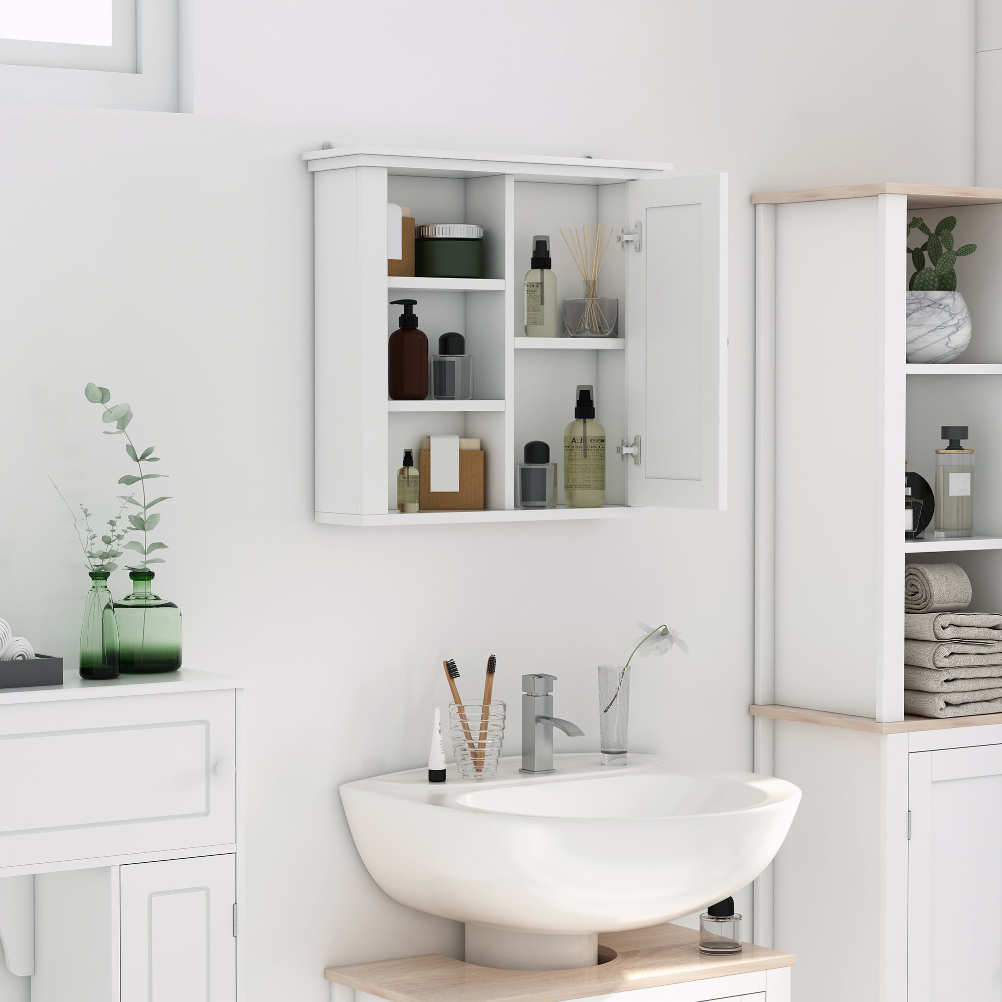 Armoire Murale de Salle de Bain Meuble Suspendu WC Placard 1 Porte 3 niches dim. 53L x 14,5l x 50,5H cm en bois Blanc