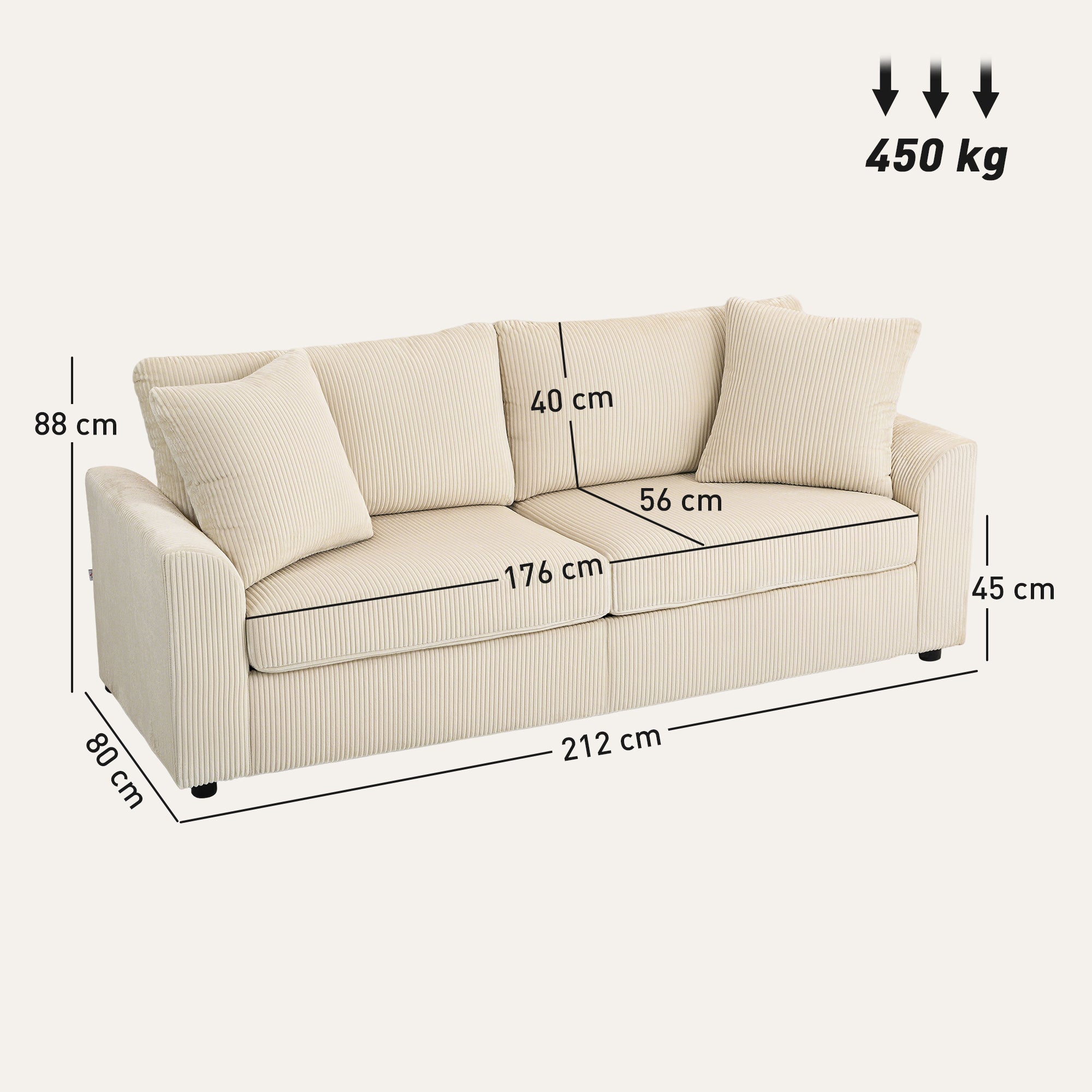 Canapé 3 place velours côtelé 210 cm, design moderne, 2 oreillers inclus, coussins à ressorts, accoudoirs et dossier rembourrés, pour salon, chambre, bureau, crème