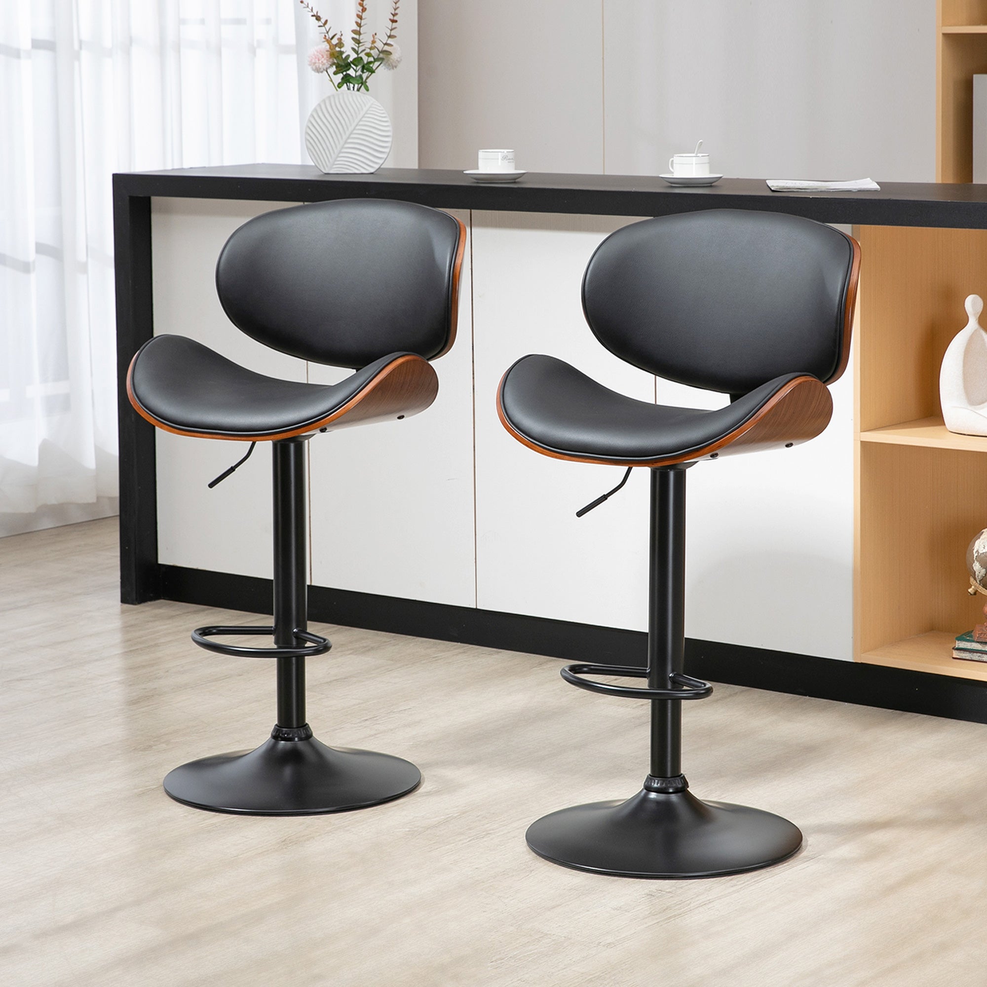 Lot de 2 tabourets de bar chaise de cuisine avec dossier revêtement synthétique hauteur réglable pivotant repose-pied noir