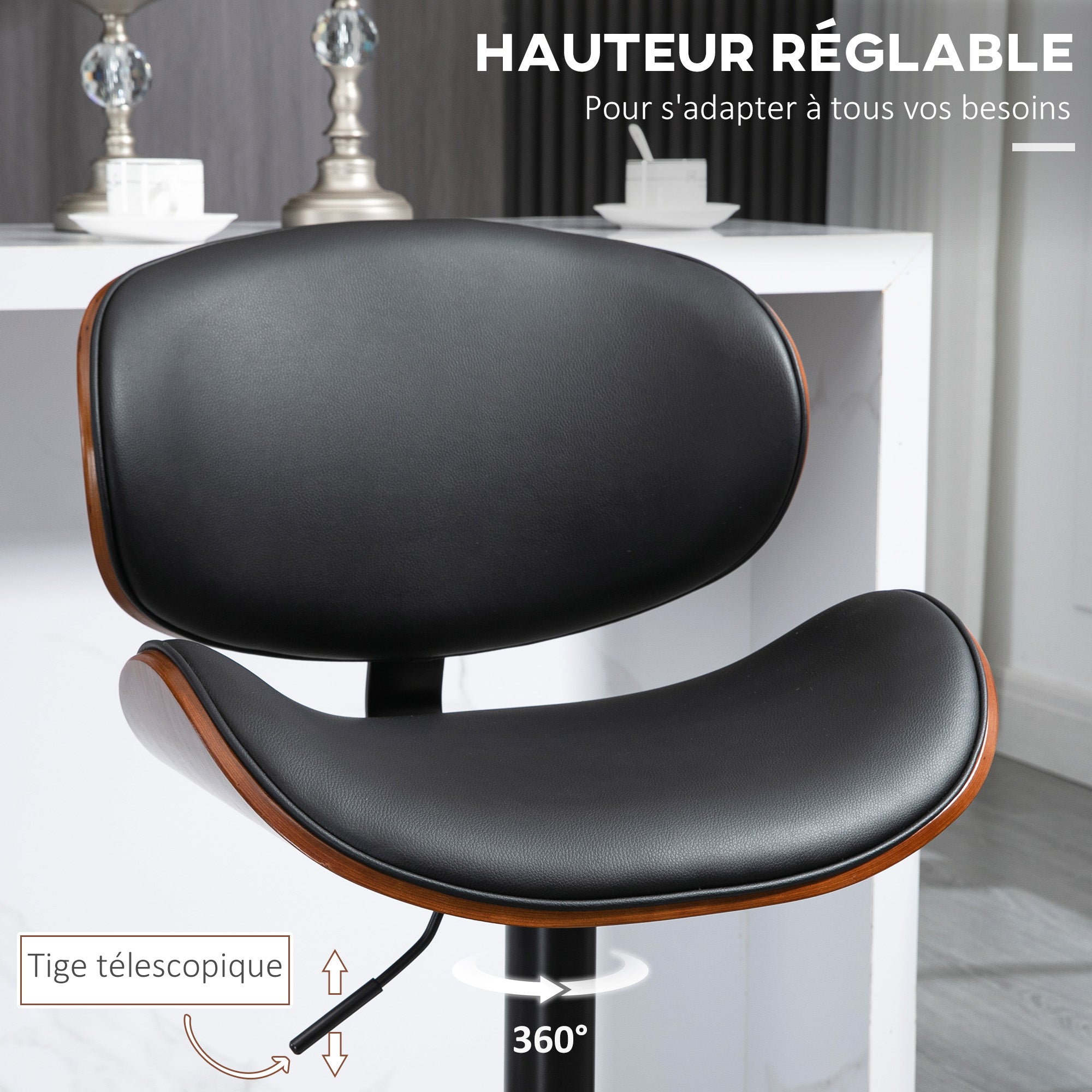 Lot de 2 tabourets de bar chaise de cuisine avec dossier revêtement synthétique hauteur réglable pivotant repose-pied noir