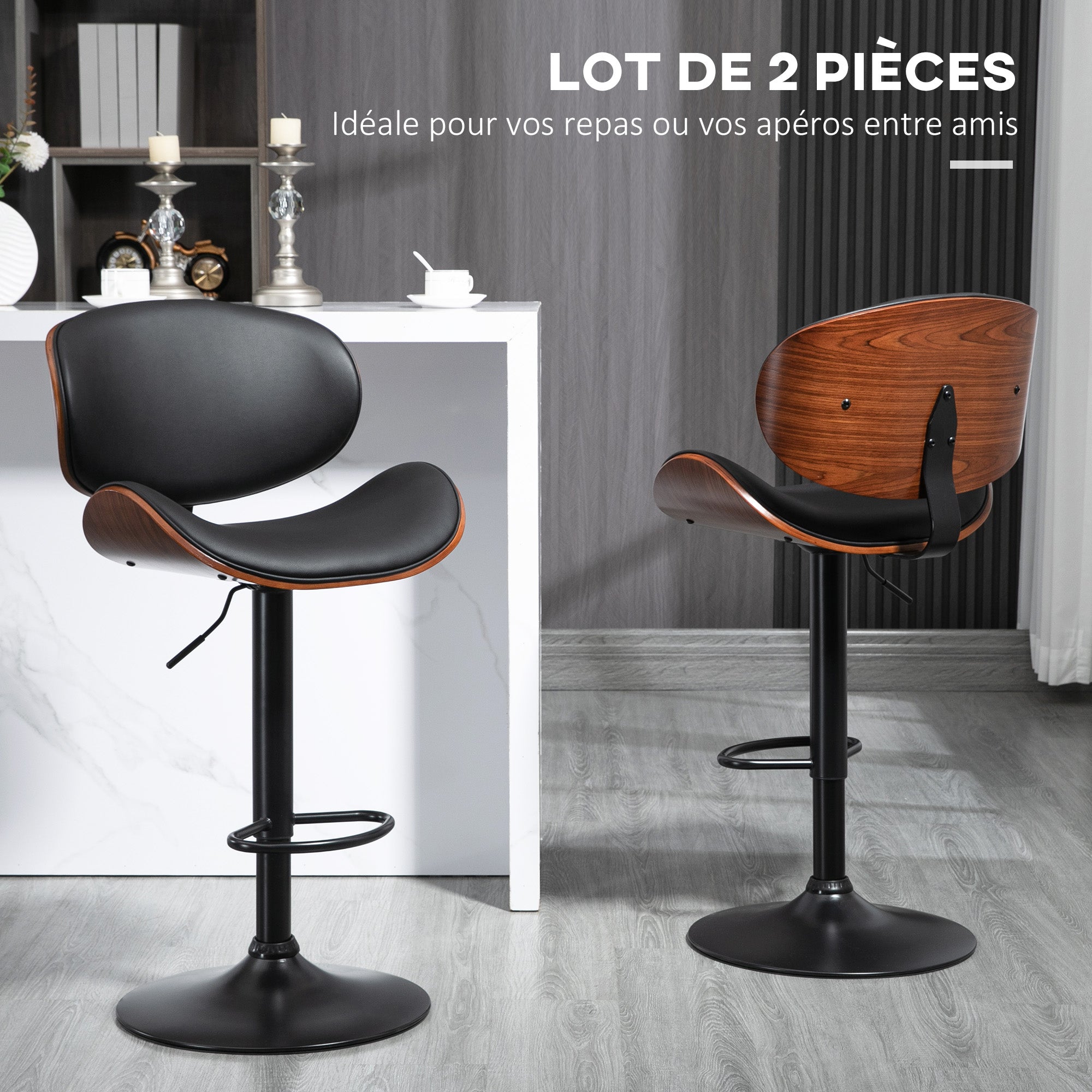 Lot de 2 tabourets de bar chaise de cuisine avec dossier revêtement synthétique hauteur réglable pivotant repose-pied noir