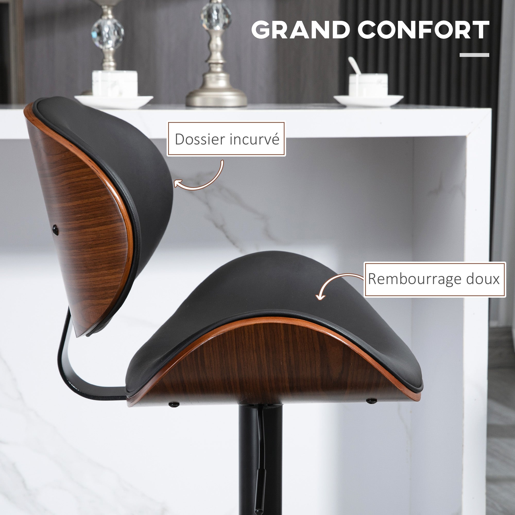 Lot de 2 tabourets de bar chaise de cuisine avec dossier revêtement synthétique hauteur réglable pivotant repose-pied noir