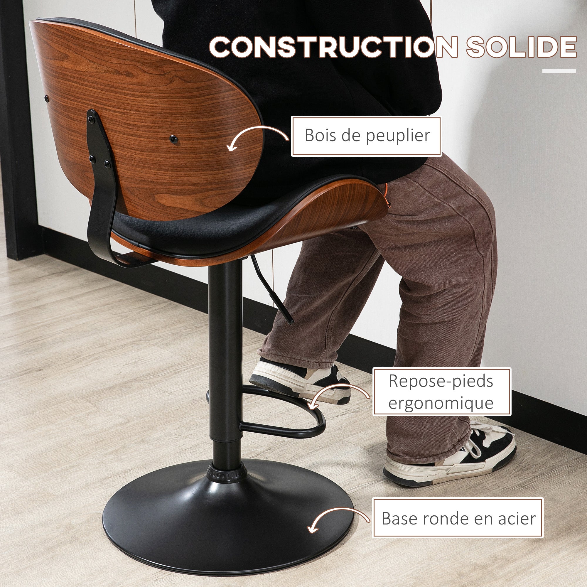 Lot de 2 tabourets de bar chaise de cuisine avec dossier revêtement synthétique hauteur réglable pivotant repose-pied noir