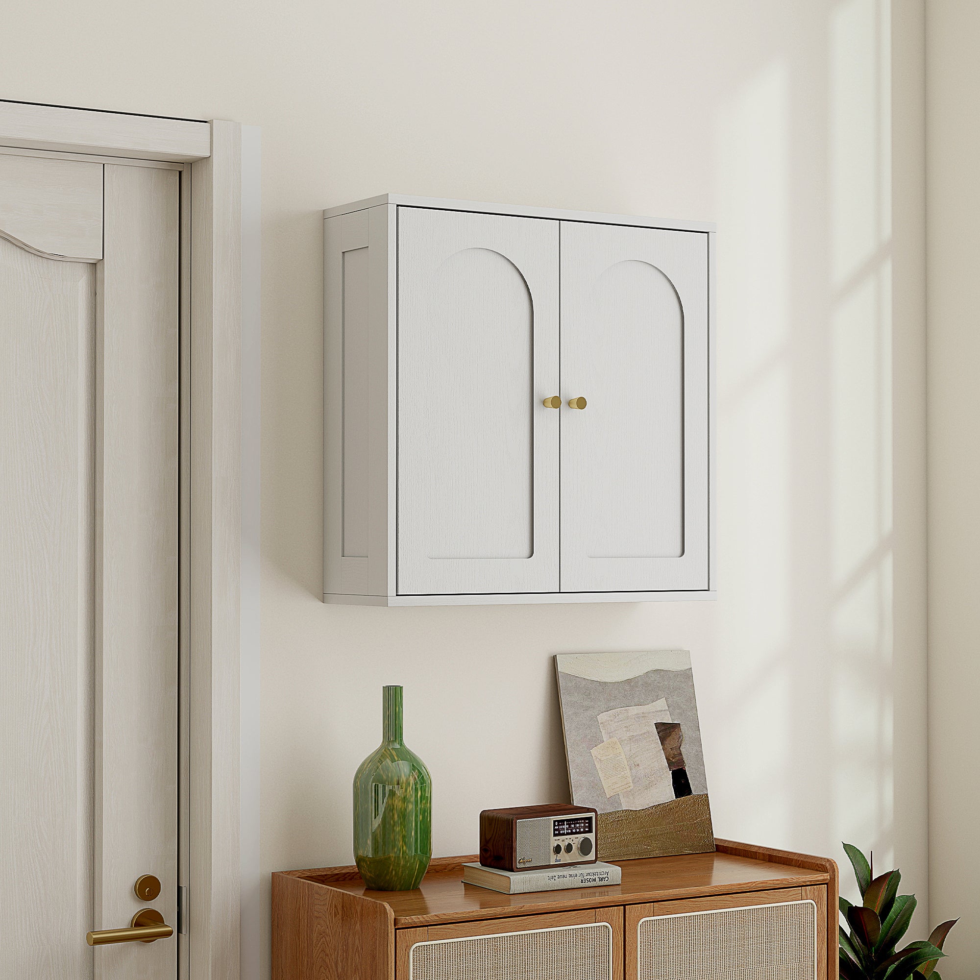 Armoire murale, meuble haut salle de bain style moderne avec placard à double porte et poignées dorées, meuble de salle de bain suspendu, 60 x 20 x 60 cm, blanc