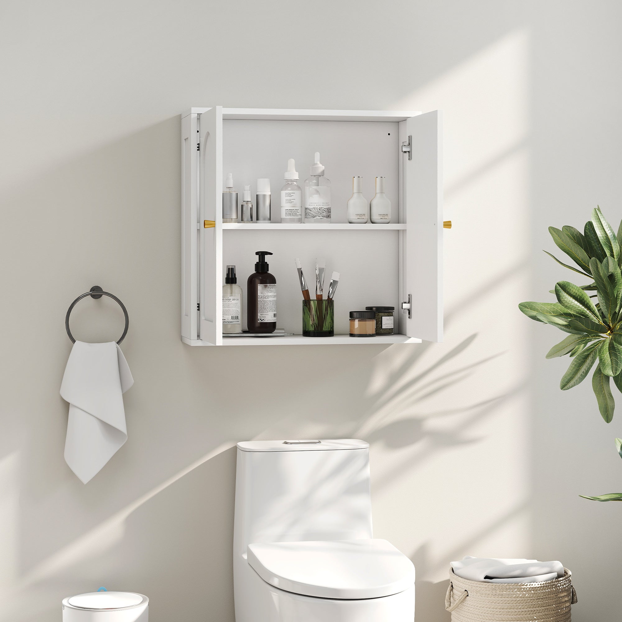 Armoire murale, meuble haut salle de bain style moderne avec placard à double porte et poignées dorées, meuble de salle de bain suspendu, 60 x 20 x 60 cm, blanc
