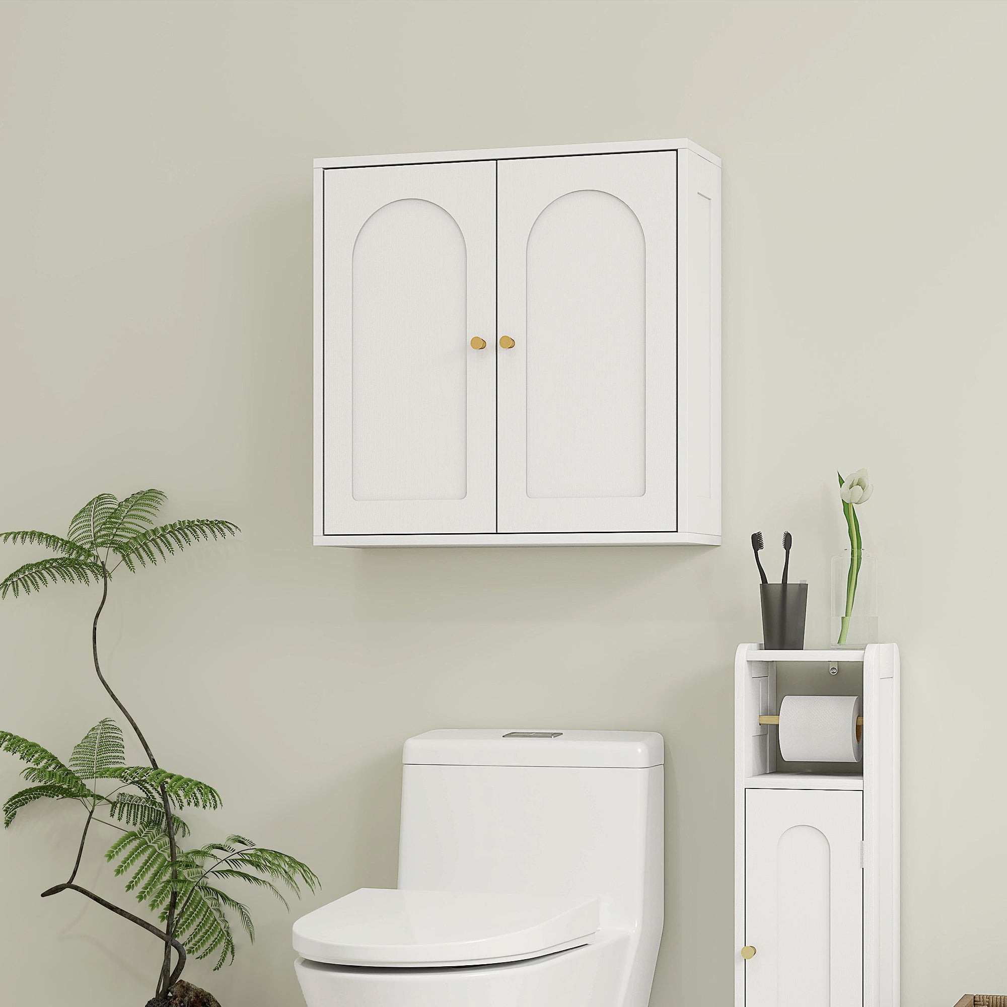 Armoire murale, meuble haut salle de bain style moderne avec placard à double porte et poignées dorées, meuble de salle de bain suspendu, 60 x 20 x 60 cm, blanc