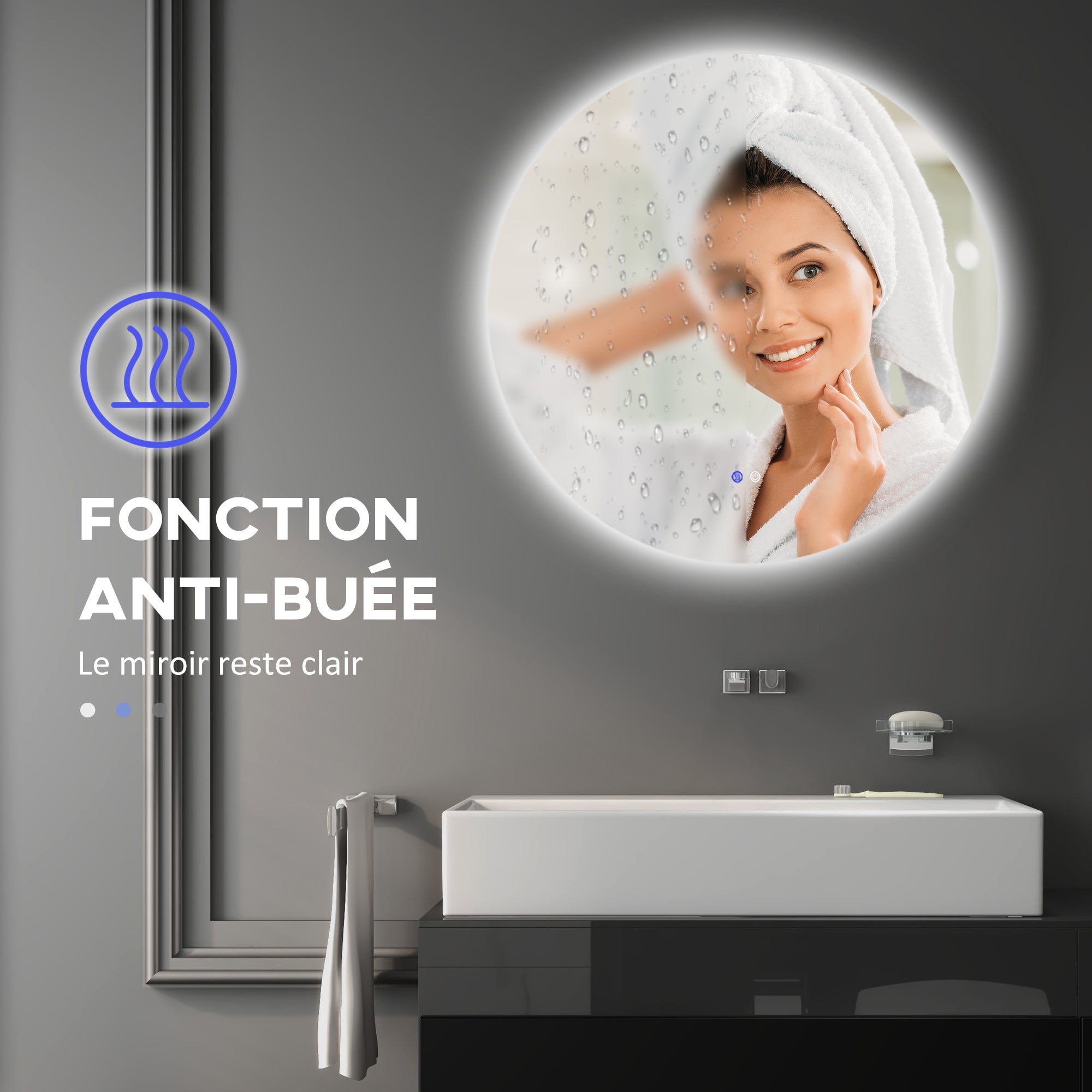 Miroir rond lumineux LED miroir mural de salle de bain 70 cm avec éclairage interrupteur tactile système antibuée luminosité réglable 35W blanc et argent