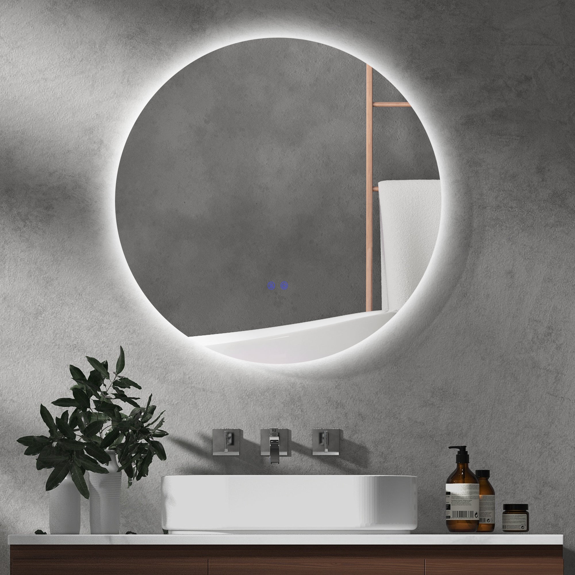 Miroir rond lumineux LED miroir mural de salle de bain 70 cm avec éclairage interrupteur tactile système antibuée luminosité réglable 35W blanc et argent