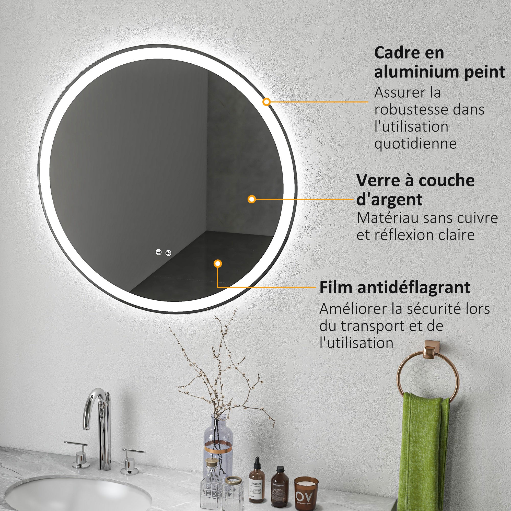Miroir salle de bain avec éclairage Ø 80 cm miroir rond lumineux 3 couleurs interrupteur tactile système antibuée 46W blanc argent