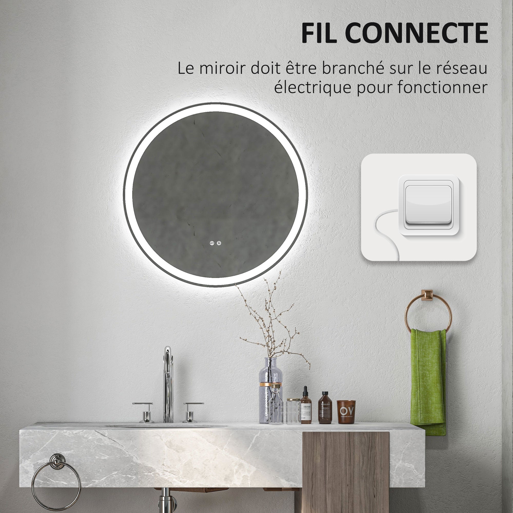 Miroir salle de bain avec éclairage Ø 80 cm miroir rond lumineux 3 couleurs interrupteur tactile système antibuée 46W blanc argent