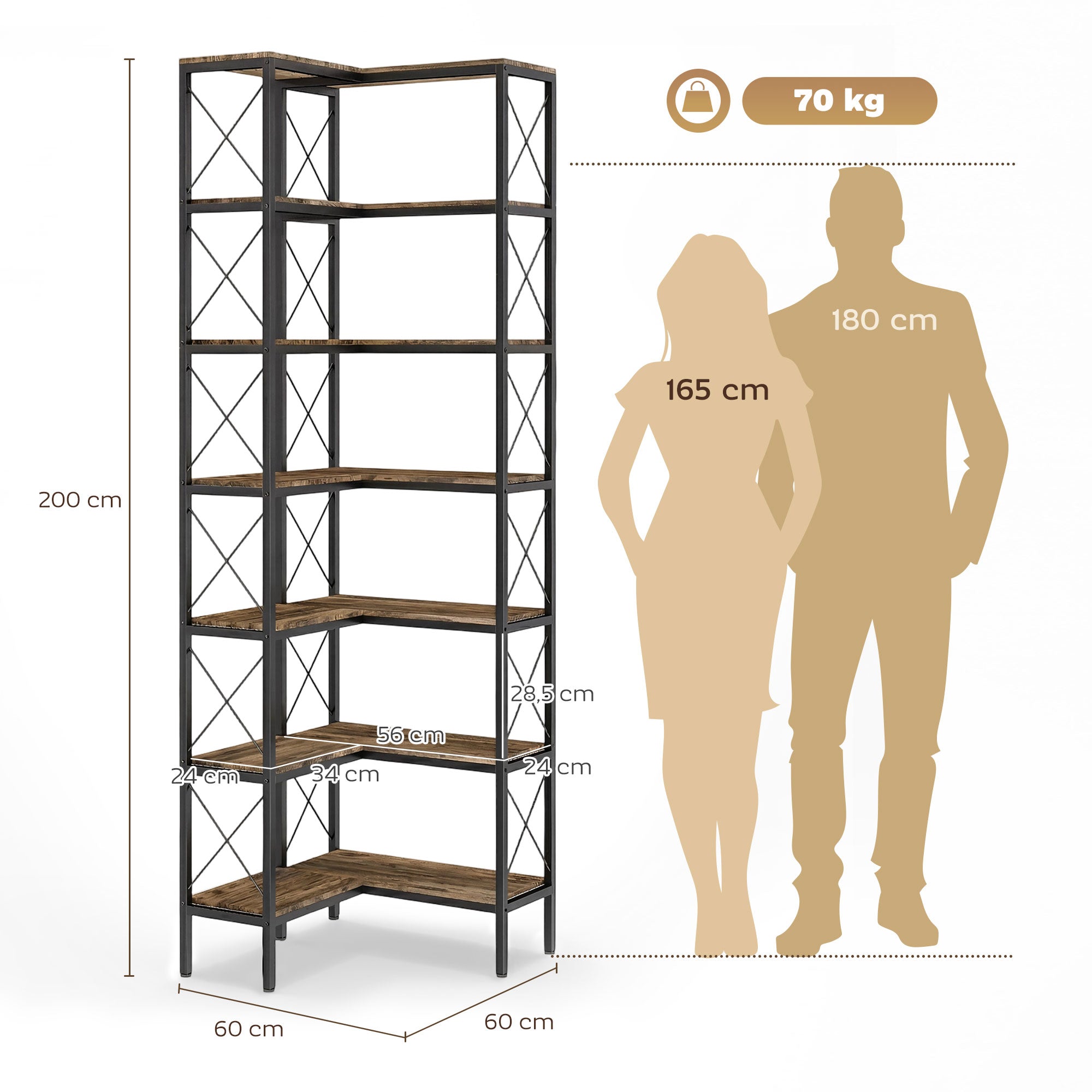 Bibliothèque d'angle à 6 niveaux, étagère à livres, meuble de rangement industriel pour salon, chambre, bureau, cadre en métal, 60 x 60 x 200 cm, brun rustique