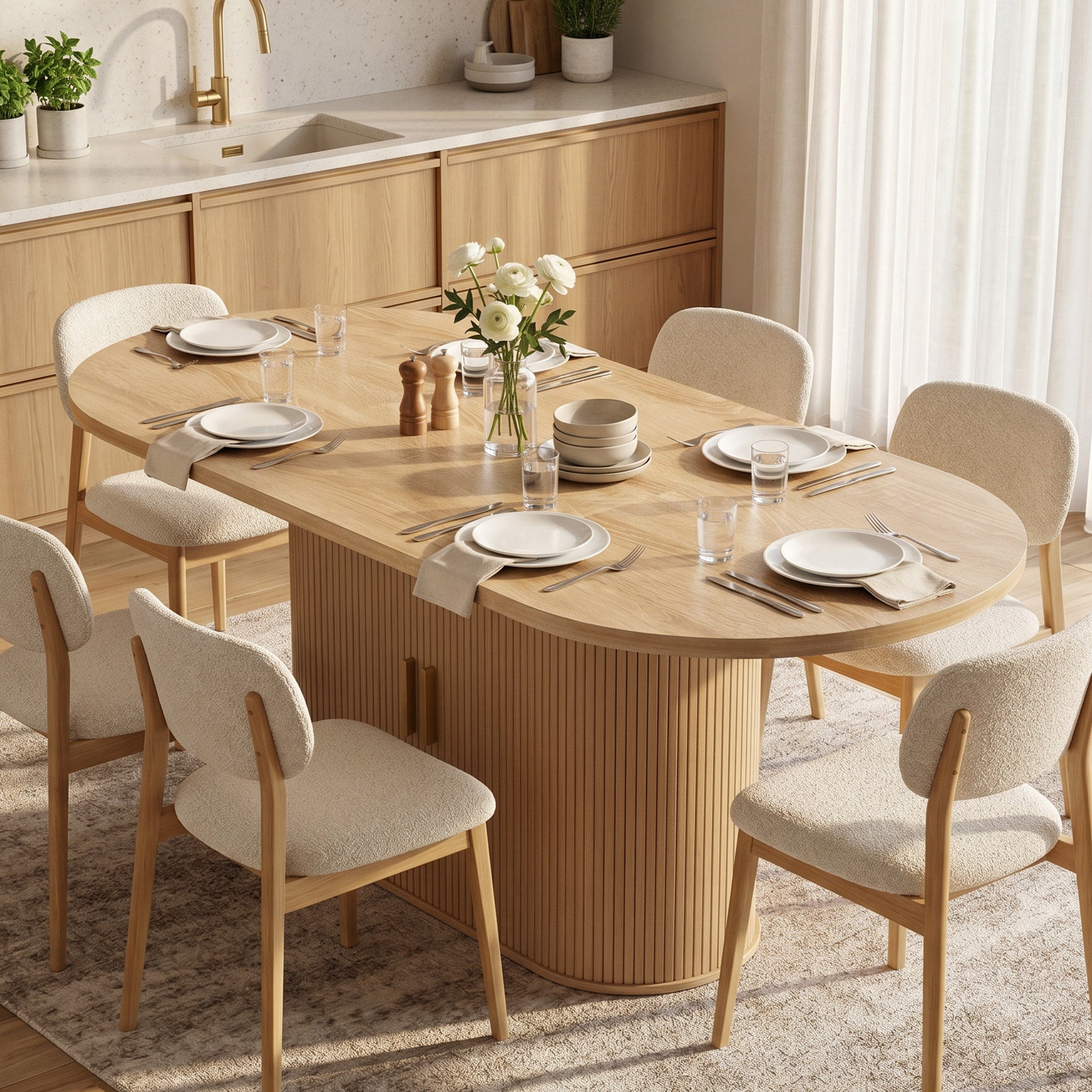 Table à Manger Ovale pour 6 personnes, 180x80x75cm - Table de Cuisine Moderne avec Portes Coulissantes, 6 Compartiments - Style Farmhouse Moderne, pour Salle à Manger, Cuisine, Salon, Chêne