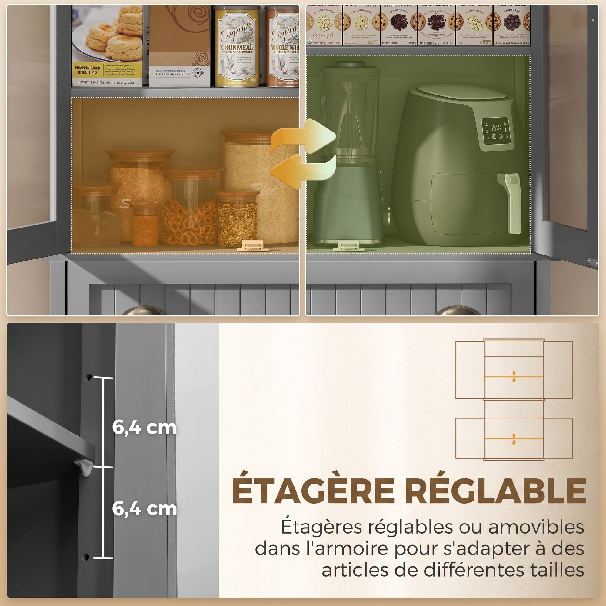 Buffet meuble cuisine rangement armoire de cuisine 4 portes dont 2 portes vitrées et 1 tiroir hauteur 182,5 cm avec étagères réglables - gris