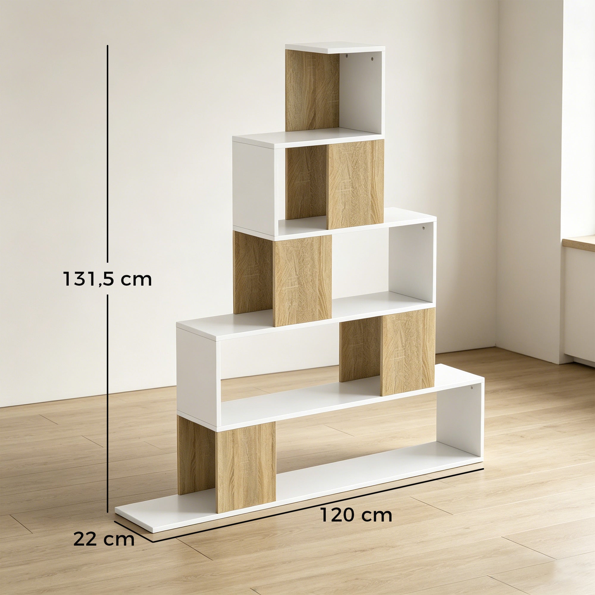 Étagère de rangement, bibliothèque géométrique à 5 niveaux, pour bureau, salon, chambre, 120 x 22 x 131,5 cm, blanc et bois naturel