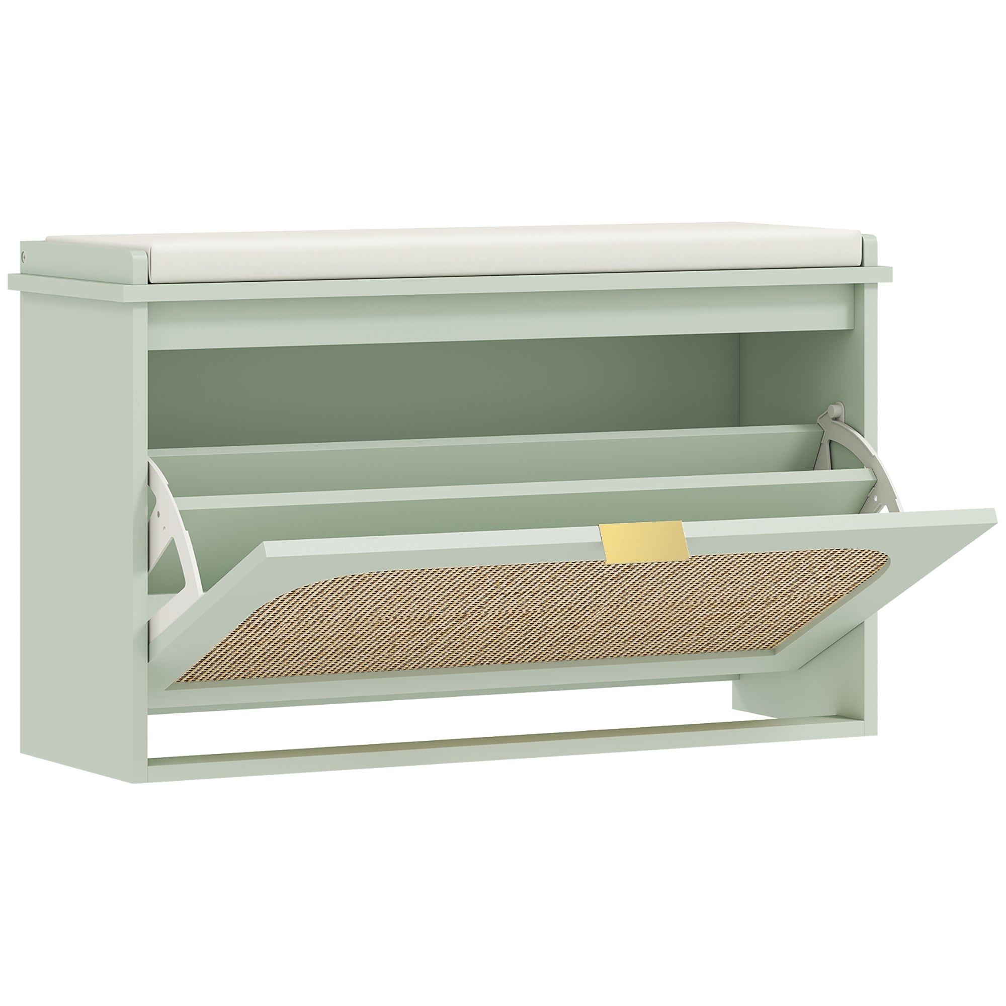 Banc chaussures entrée, banc de rangement étroit, assise rembourrée, porte en rotin, tiroir rabattable et étagère réglable, style bohème, pour entrée, couloir, 80 x 26 x 47,5 cm, vert