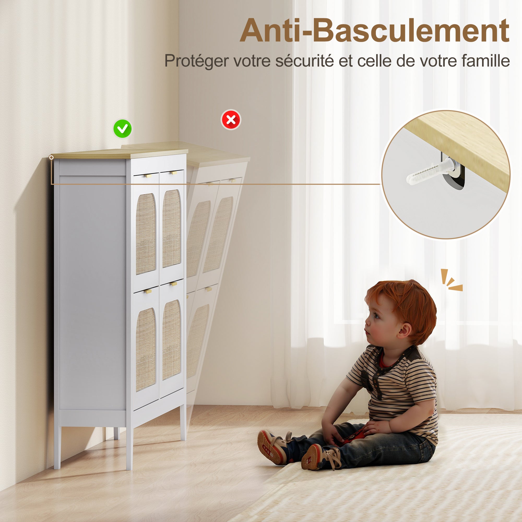 Meuble à chaussures 20 paires, armoire à chaussures étroite bohème avec 4 tiroirs rabattables, portes effet cannage rotin et étagères réglables, pour couloir et entrée, 105x24x95,5cm, blanc