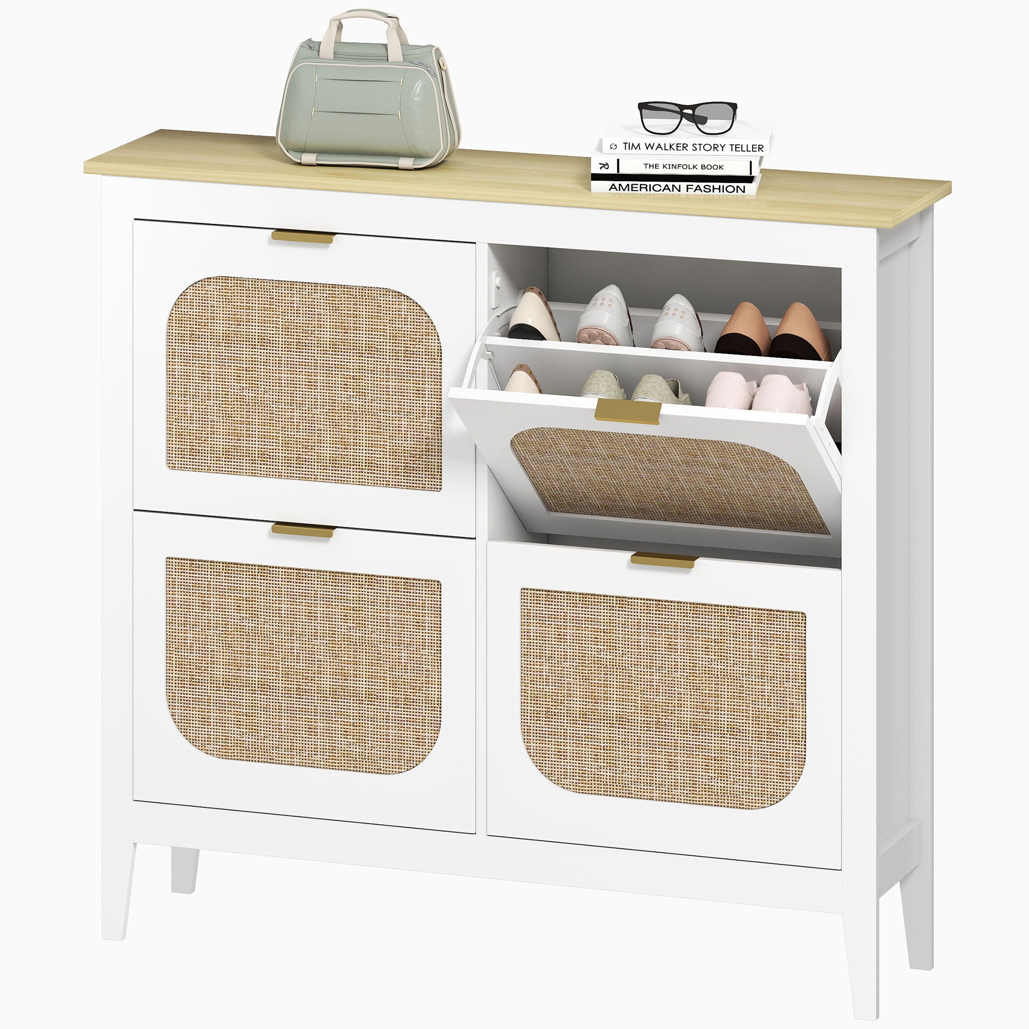 Meuble à chaussures 20 paires, armoire à chaussures étroite bohème avec 4 tiroirs rabattables, portes effet cannage rotin et étagères réglables, pour couloir et entrée, 105x24x95,5cm, blanc