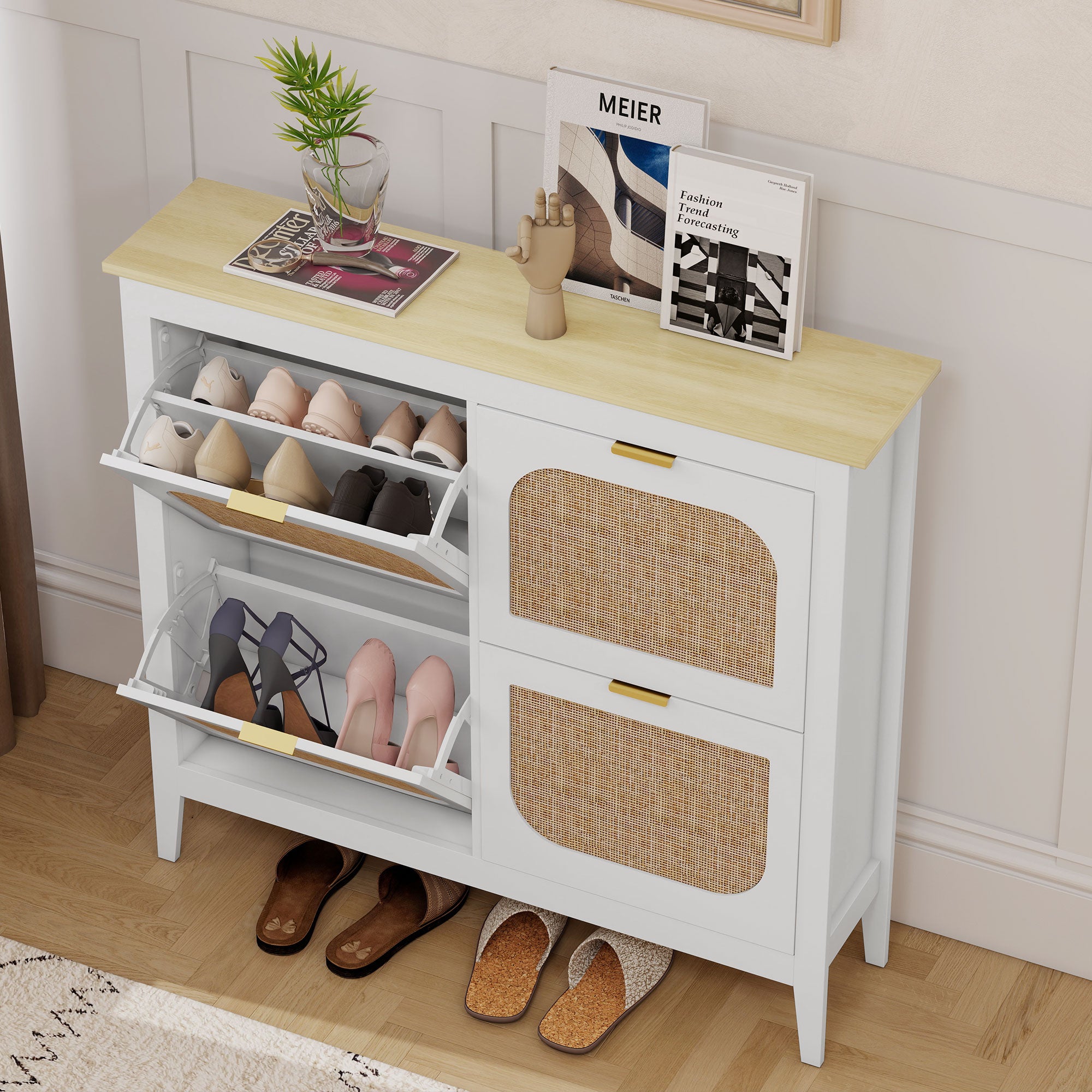 Meuble à chaussures 20 paires, armoire à chaussures étroite bohème avec 4 tiroirs rabattables, portes effet cannage rotin et étagères réglables, pour couloir et entrée, 105x24x95,5cm, blanc