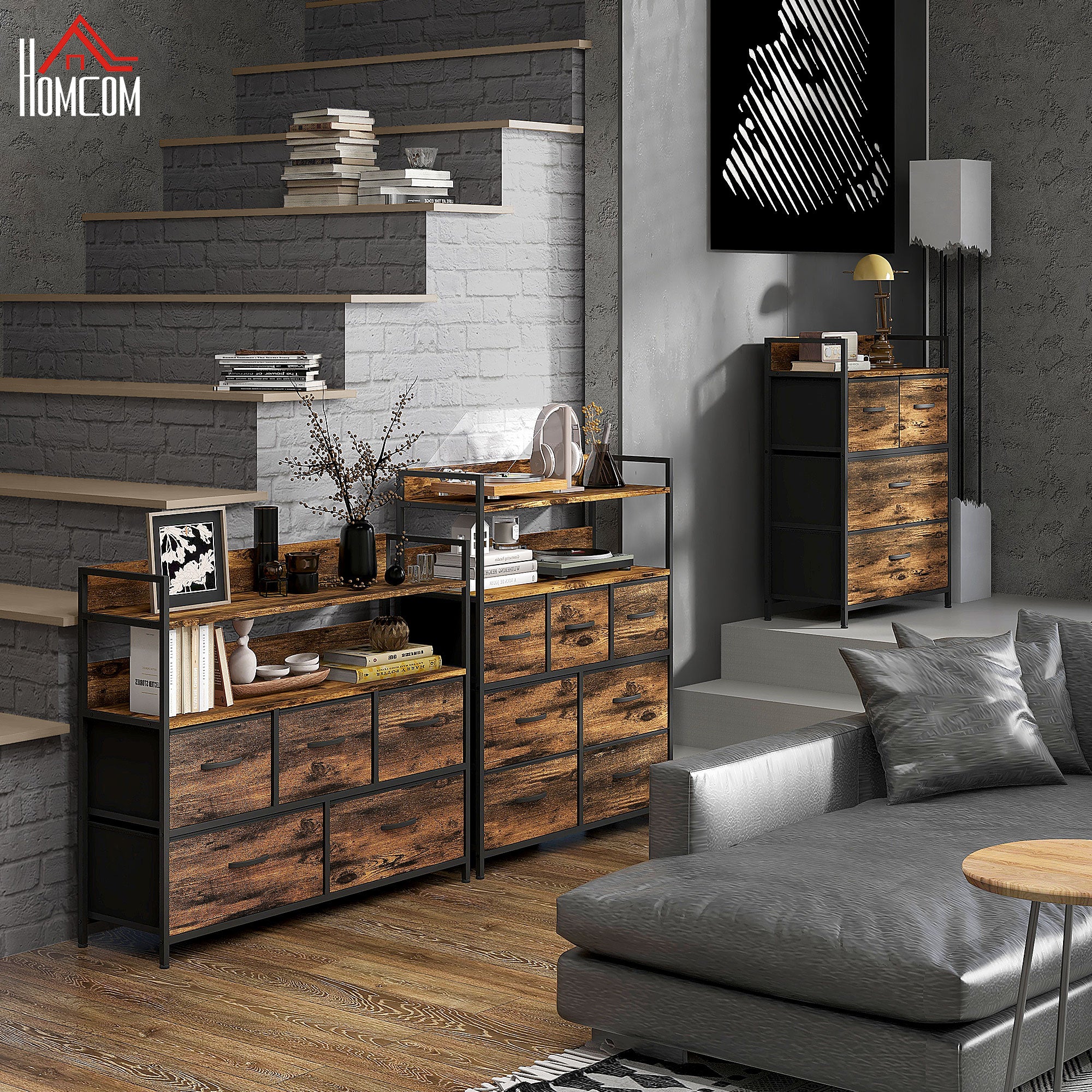 Commode chambre meuble de rangement commode 7 tiroirs en tissu pliables et amovibles avec étagères ouvertes et cadre en acier, chiffonnier pour salon, chambre, entrée, brun rustique