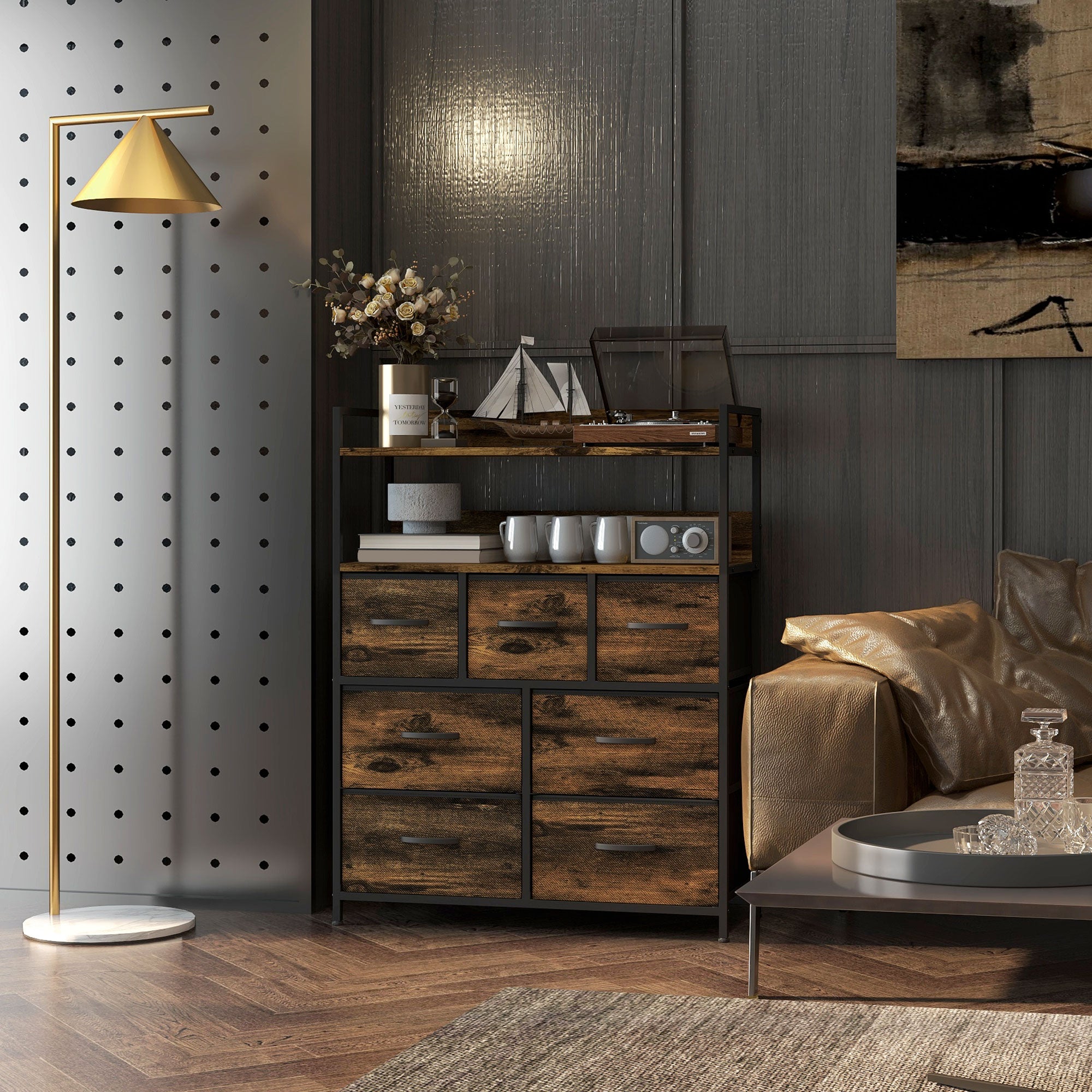 Commode chambre meuble de rangement commode 7 tiroirs en tissu pliables et amovibles avec étagères ouvertes et cadre en acier, chiffonnier pour salon, chambre, entrée, brun rustique
