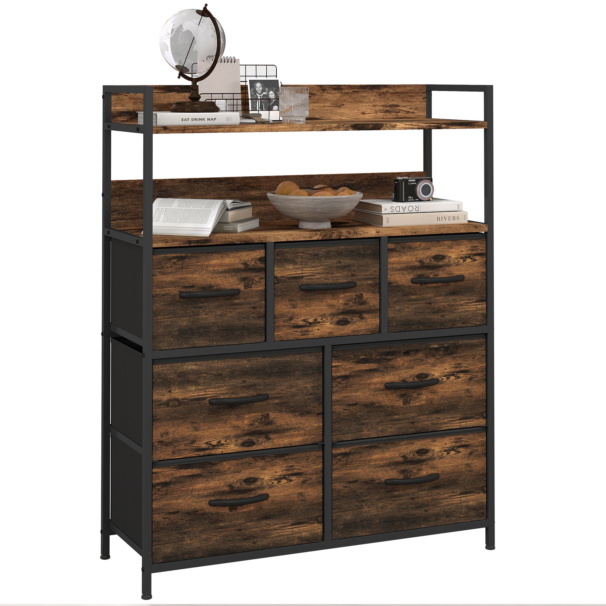 Commode chambre meuble de rangement commode 7 tiroirs en tissu pliables et amovibles avec étagères ouvertes et cadre en acier, chiffonnier pour salon, chambre, entrée, brun rustique