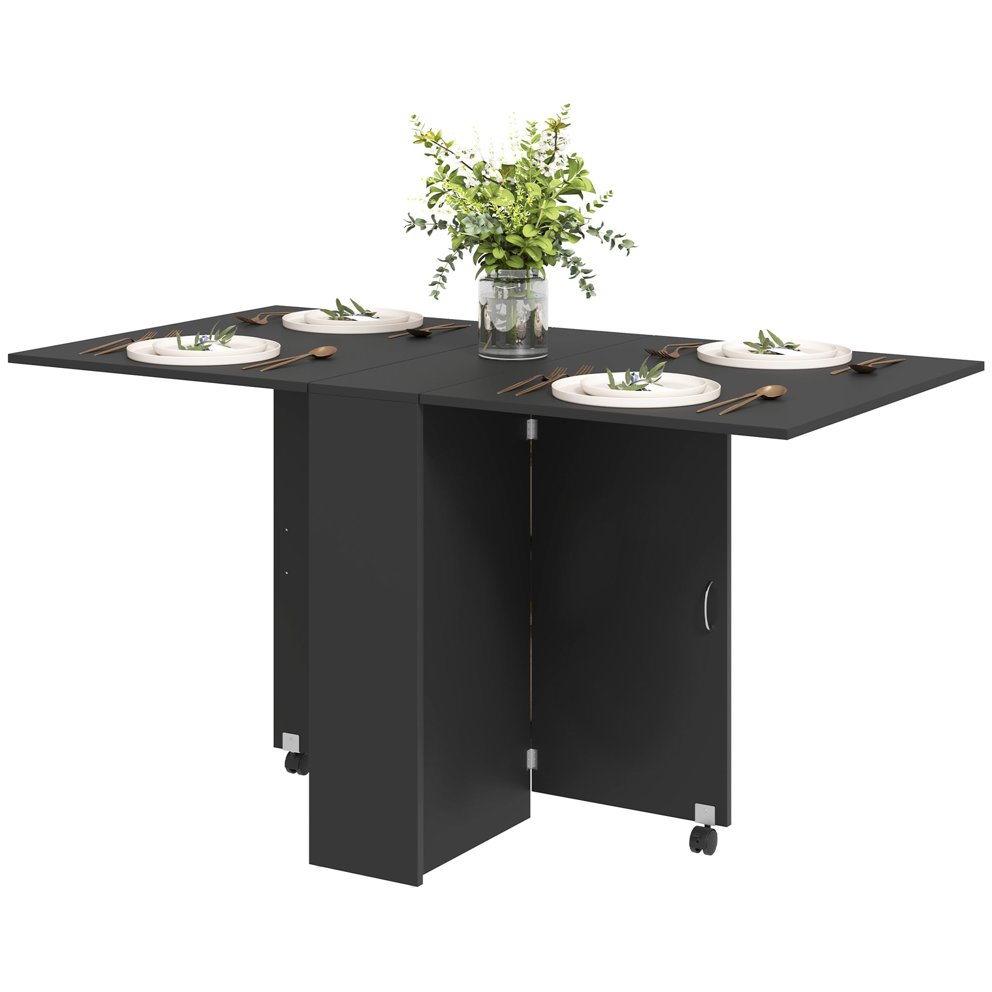 Table pliante de cuisine salle à manger amovible sur roulettes 75L x 140l x 74H cm 2 étagères intégrées en bois coloris noir