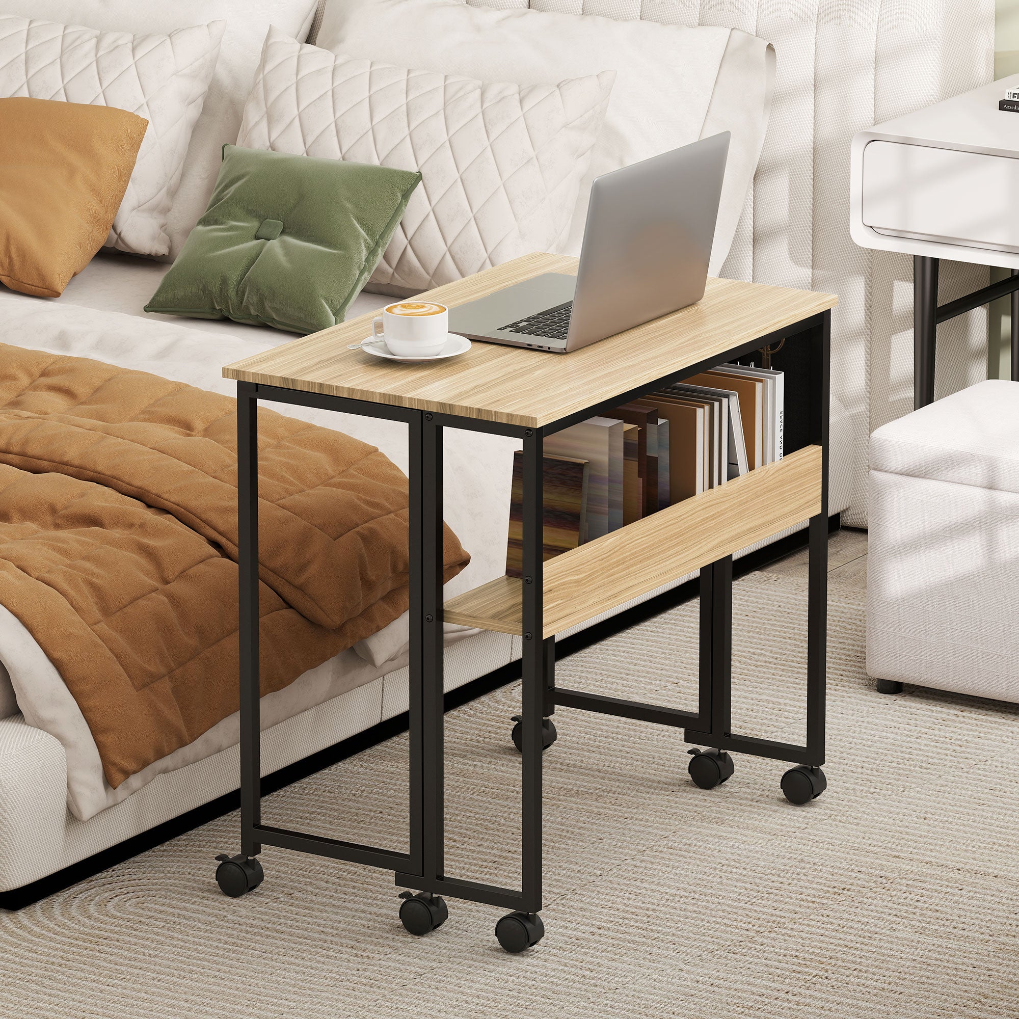 Bureau pliable sur roulettes, table d'ordinateur 80 x 50 cm avec étagère et sac de rangement, table d'étude pour bureau à domicile, chambre, petits espaces, chêne