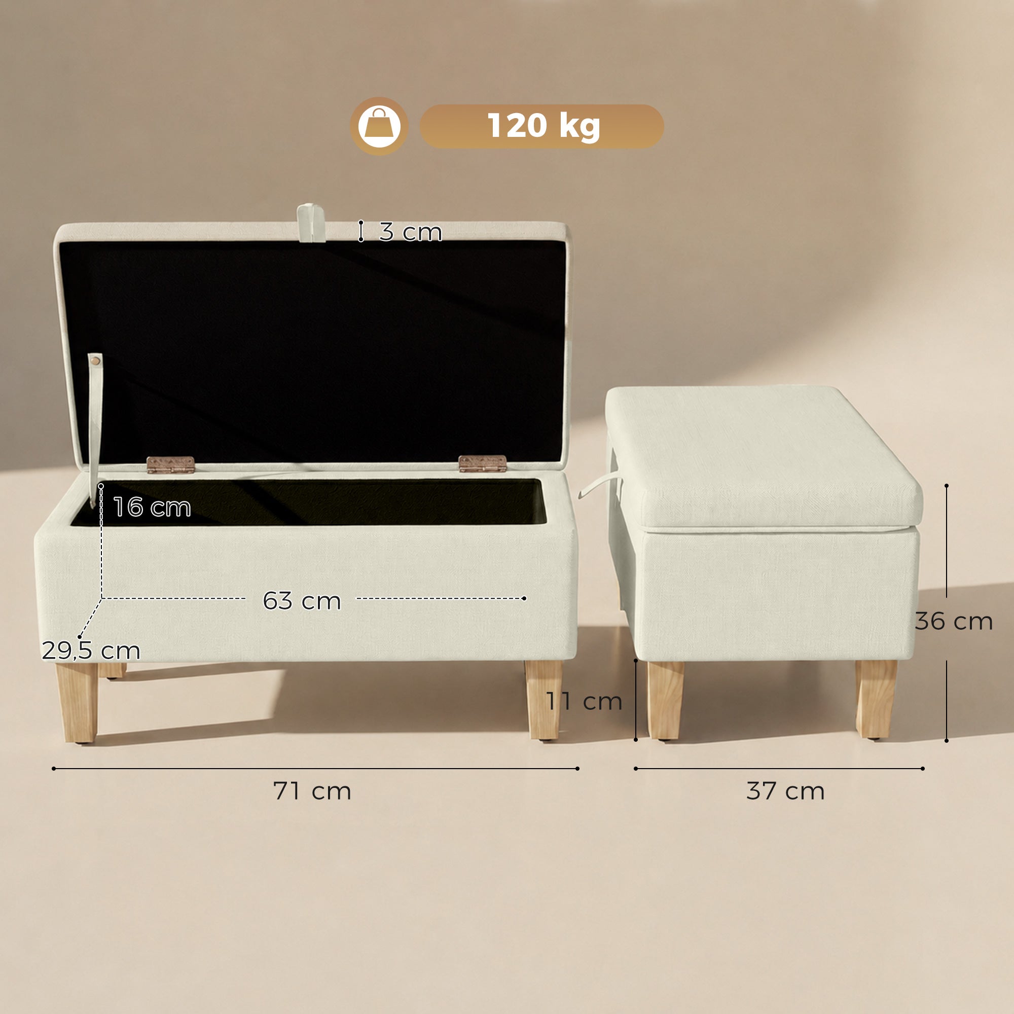 Banc de rangement, bout de lit, repose-pieds rembourré en lin avec pieds en bois de caoutchouc, pour salon, chambre, entrée, 71 x 37 x 36 cm, beige