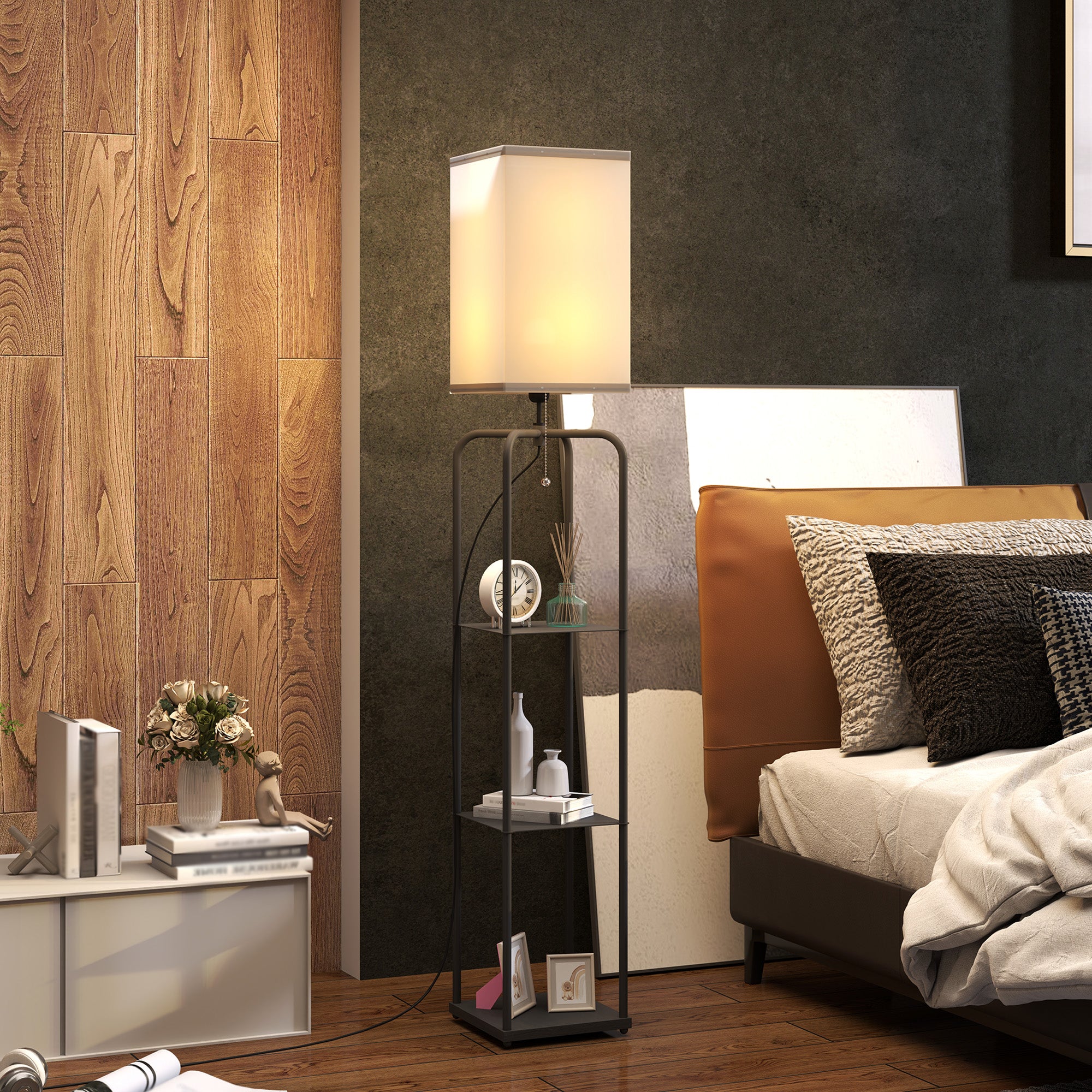 Lampadaire sur pied salon, lampe salon moderne, lampadaire avec étagères, abat-jour en tissu, interrupteur à chaînette pour chambre à coucher, bureau, ampoule non incluse, noir