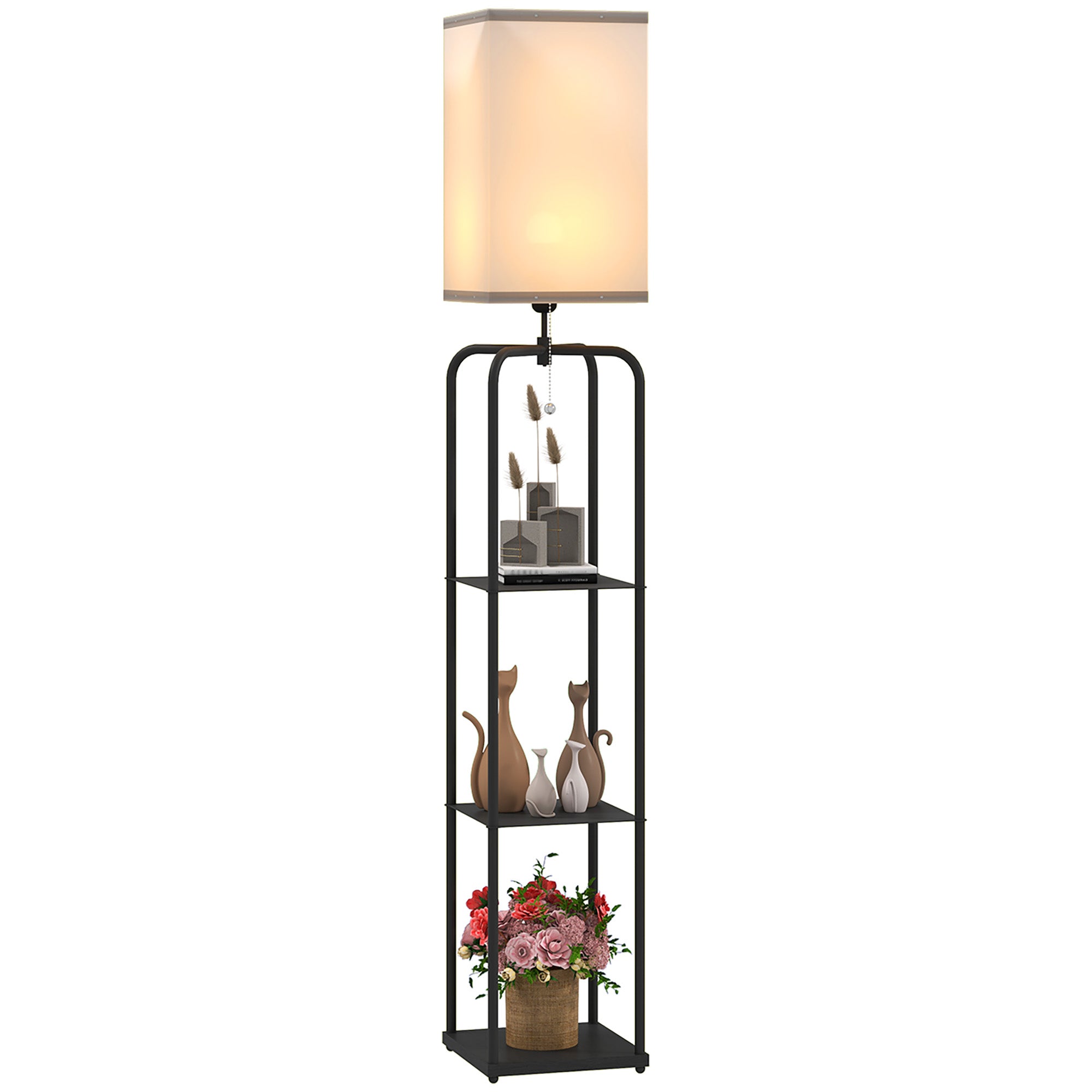 Lampadaire sur pied salon, lampe salon moderne, lampadaire avec étagères, abat-jour en tissu, interrupteur à chaînette pour chambre à coucher, bureau, ampoule non incluse, noir