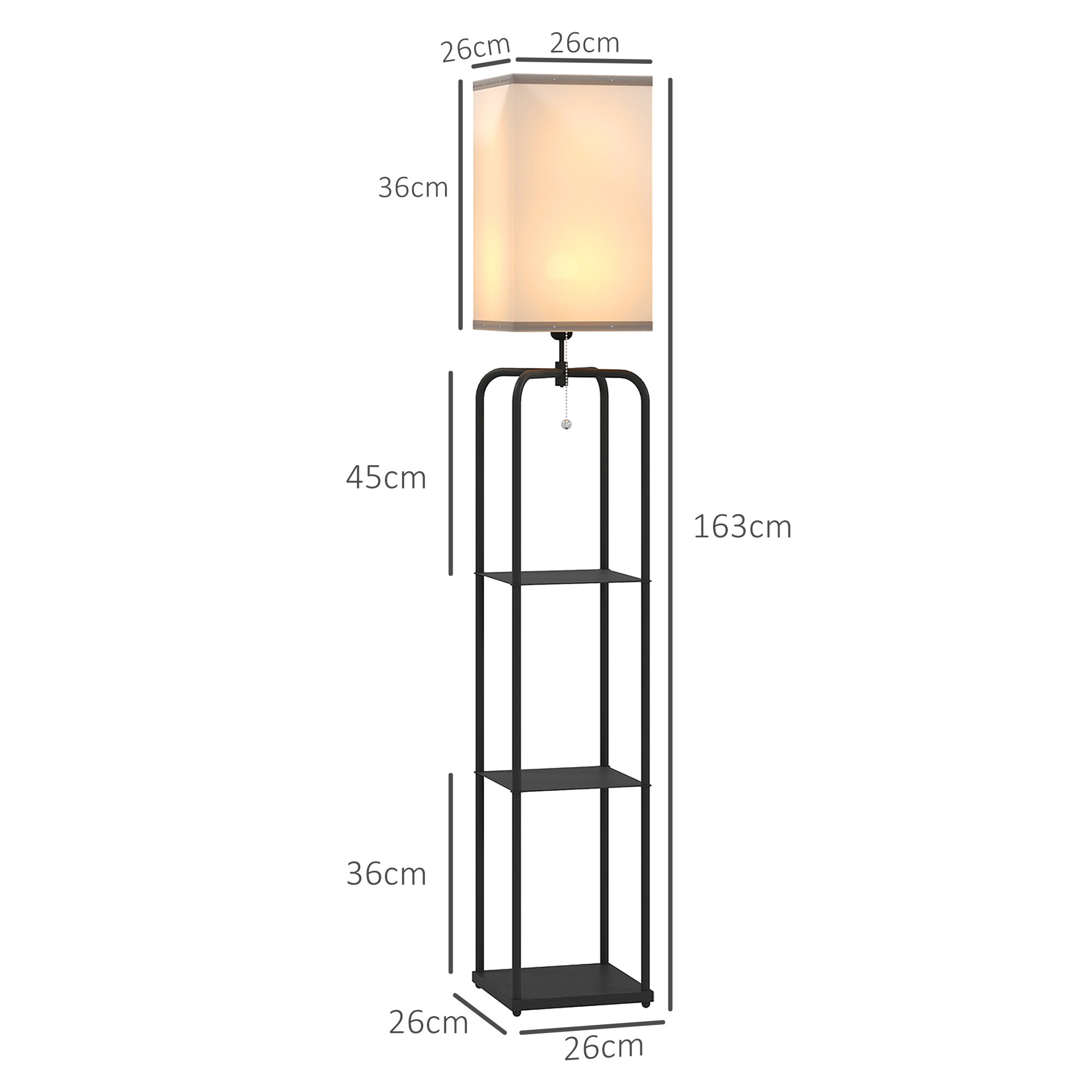 Lampadaire sur pied salon, lampe salon moderne, lampadaire avec étagères, abat-jour en tissu, interrupteur à chaînette pour chambre à coucher, bureau, ampoule non incluse, noir