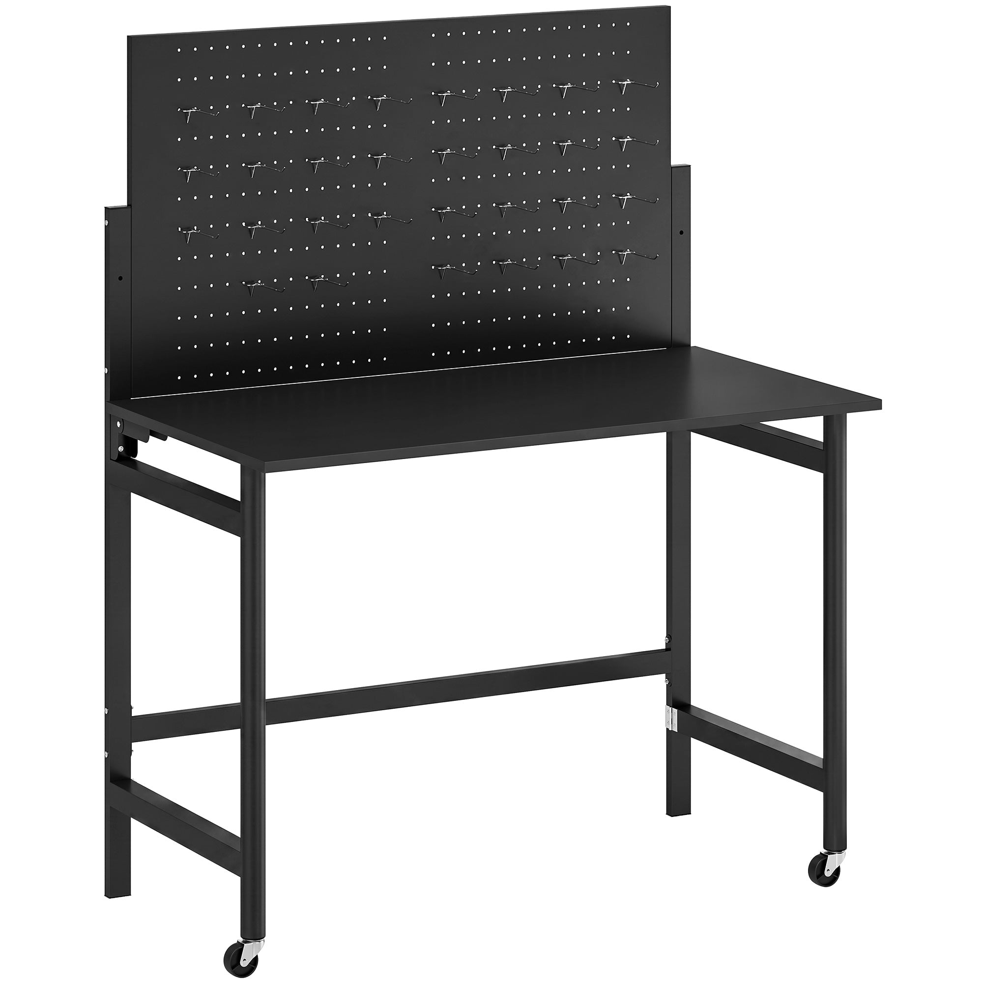 Établi d'Atelier Pliable à Roulettes, 115x62x143,5cm, Plan de Travail avec Panneau Perforé, 12 Crochets, Plateau Épais, Cadre en Acier, Charge 120 kg, pour Garage, Atelier ou Entrepôt, Noir