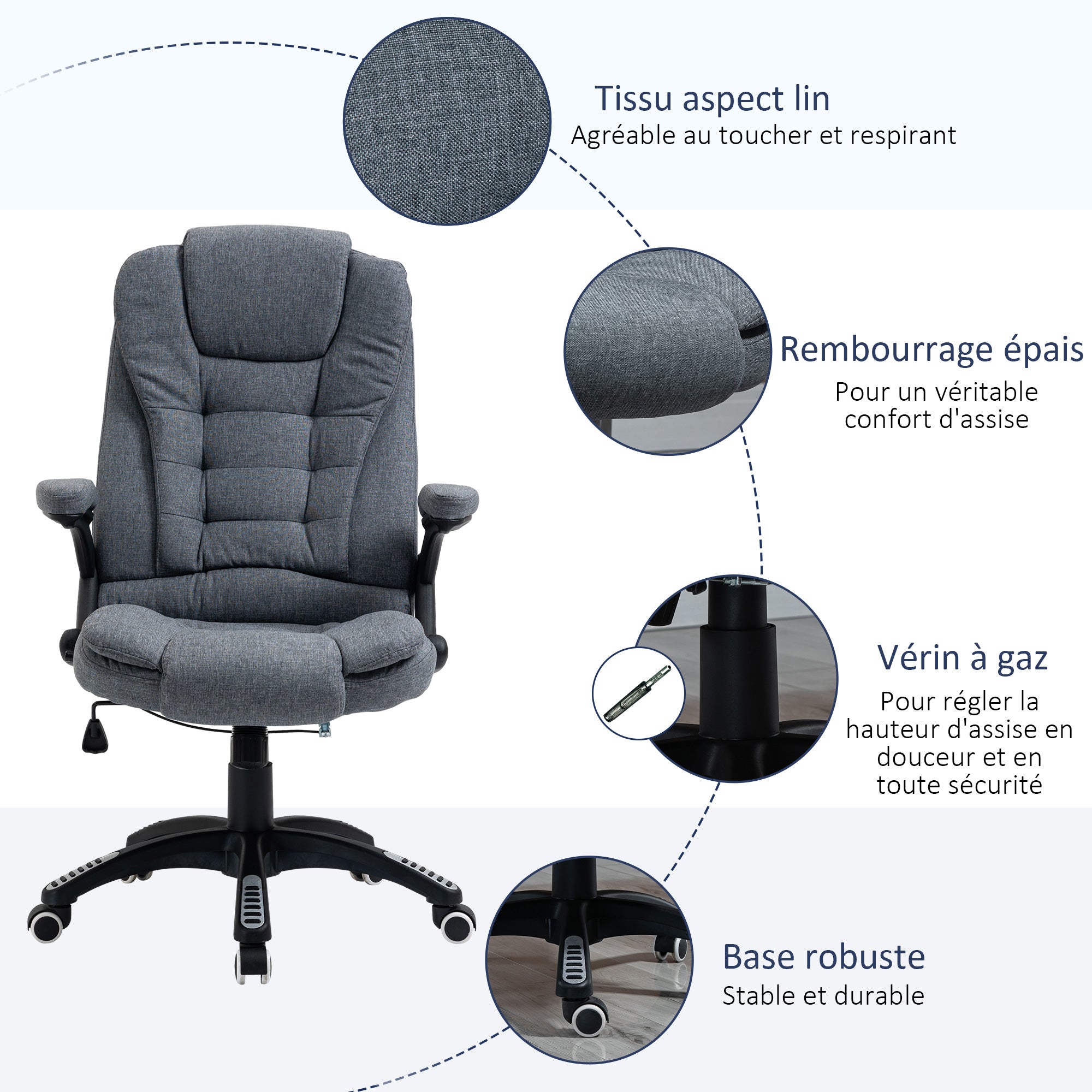 Fauteuil de bureau chaise pour ordinateur ergonomique dossier inclinable assise pivotant hauteur réglable accoudoir rembourré gris