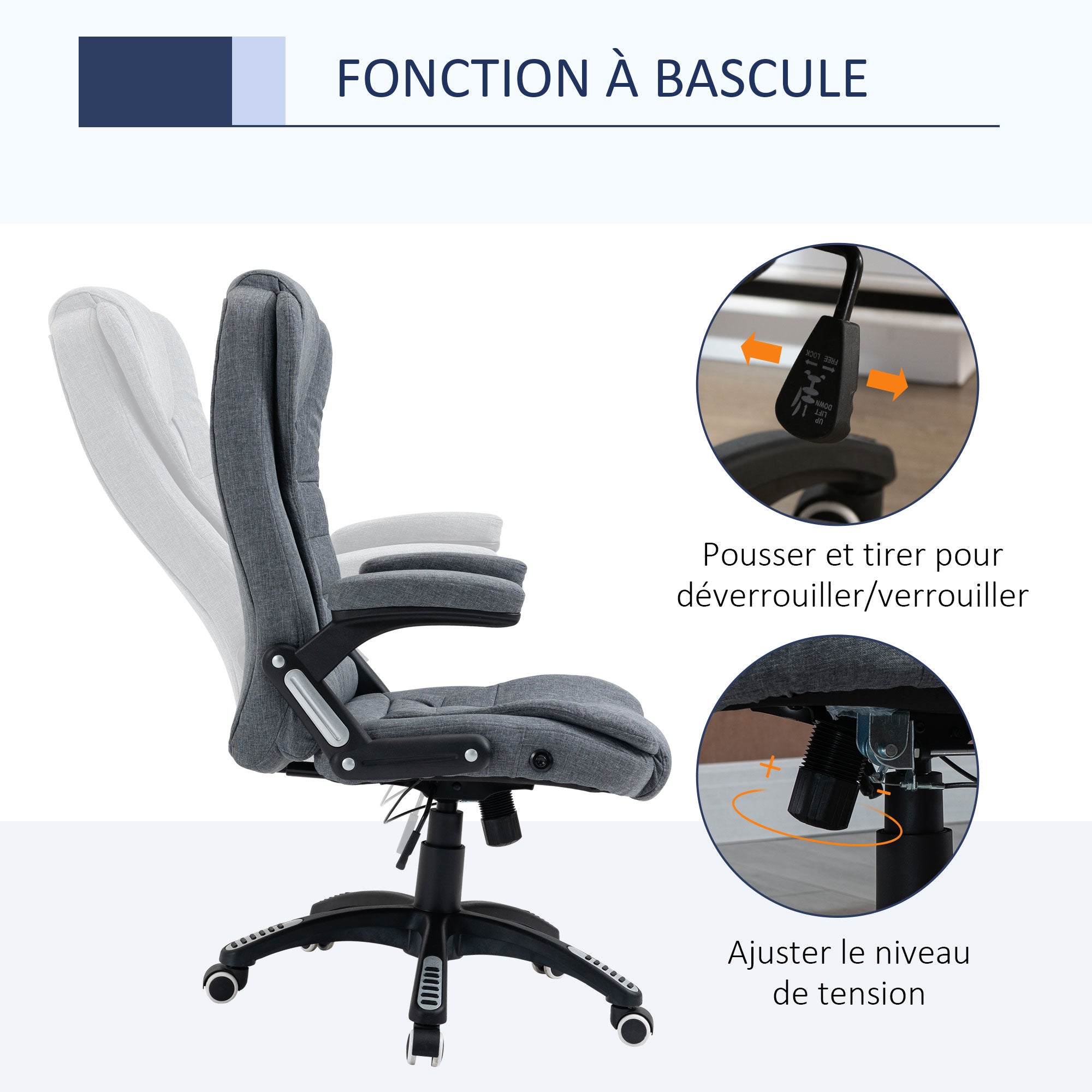 Fauteuil de bureau chaise pour ordinateur ergonomique dossier inclinable assise pivotant hauteur réglable accoudoir rembourré gris