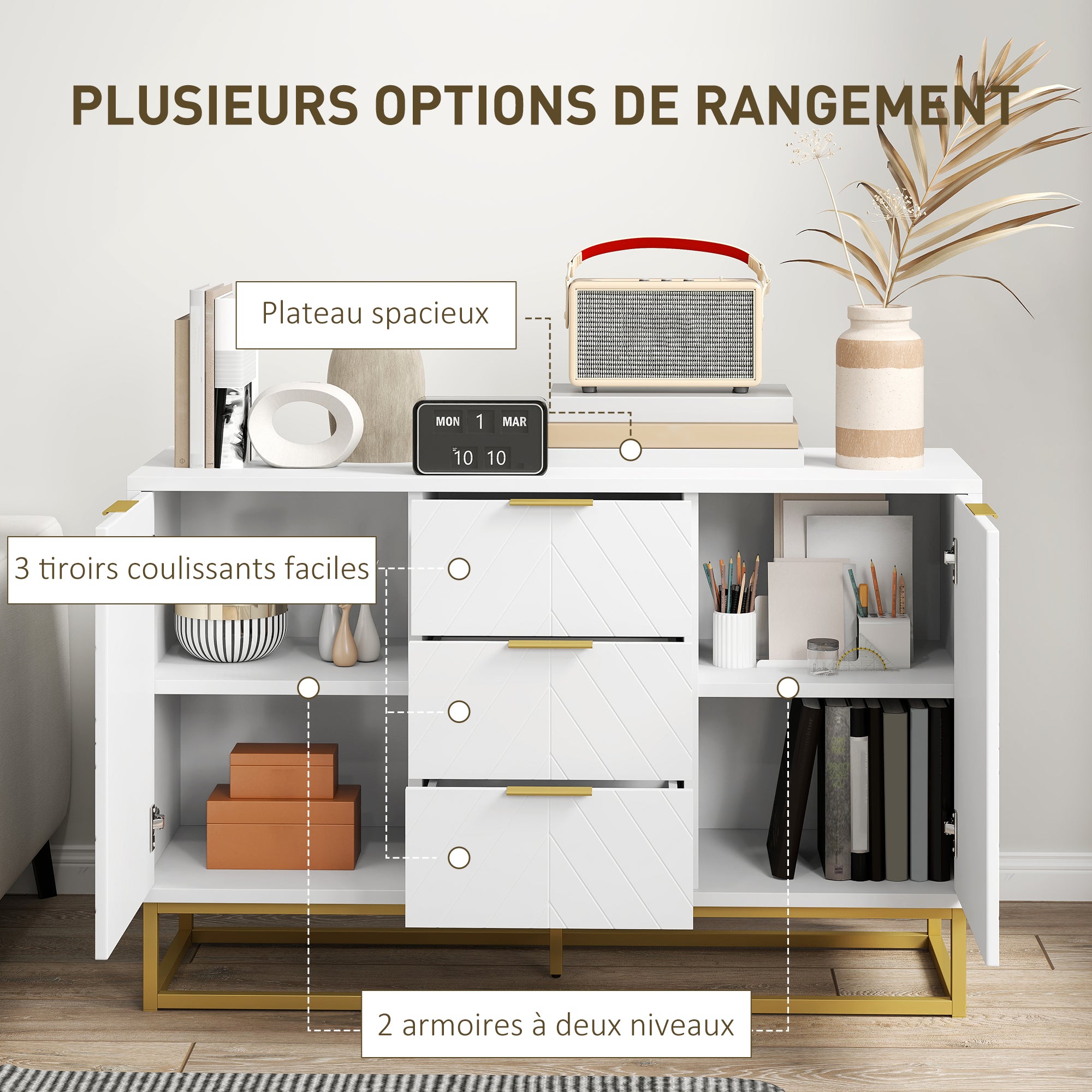 Buffet, meuble cuisine rangement, design contemporain graphique, 2 placards porte, étagères réglables, 3 tiroirs coulissants, bois blanc métal doré, 120 x 40 x 76 cm