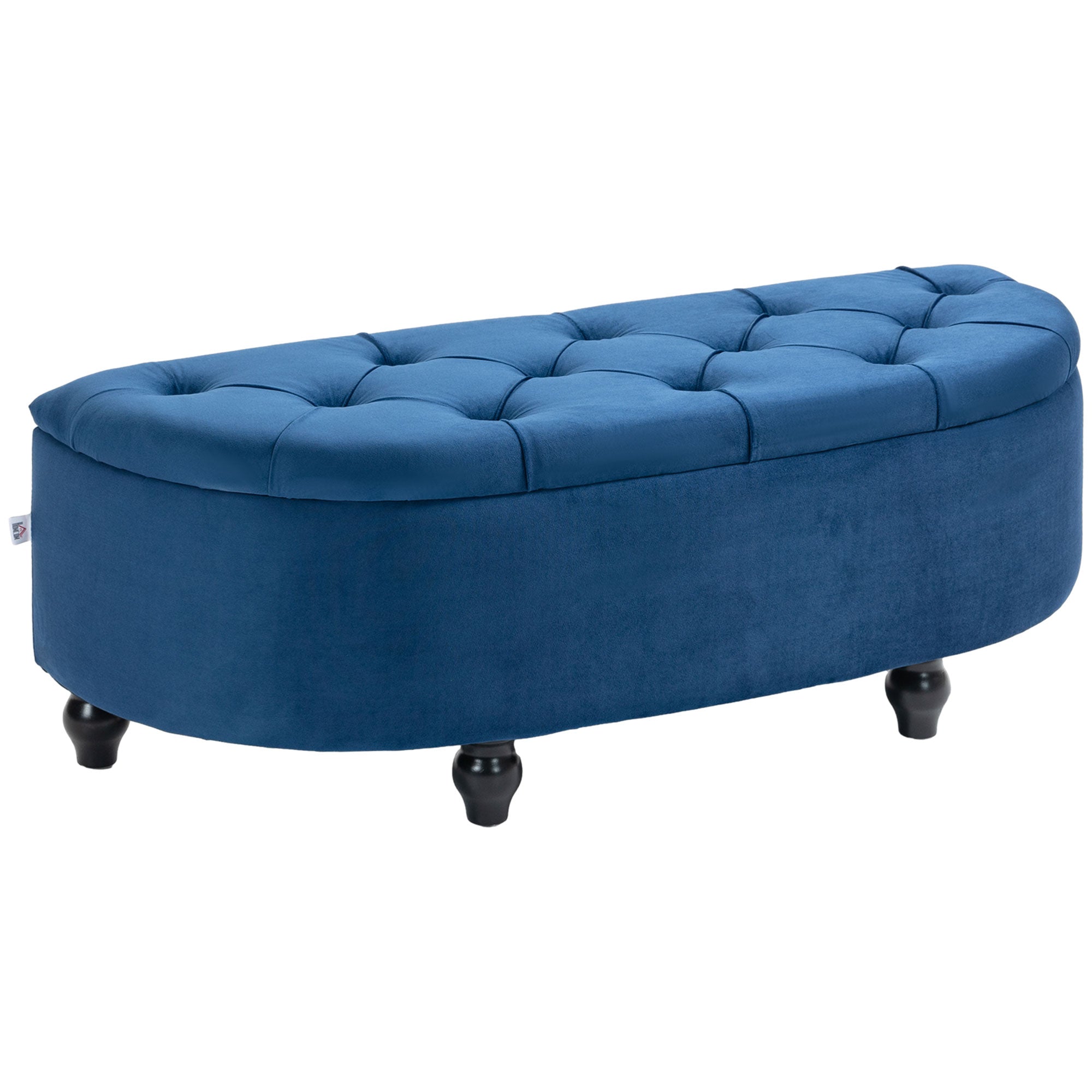 Banc de rangement, coffre de rangement design capitonné demi-cercle bout de lit avec revêtement velours, pieds en bois d'hévéa, pour salon, chambre, entrée, 120 x 46 x 42 cm, bleu