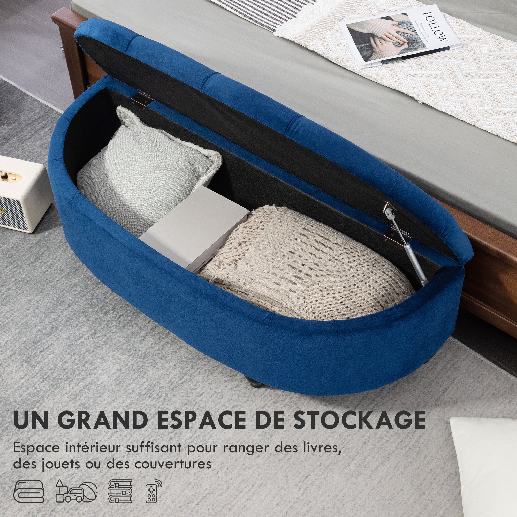 Banc de rangement, coffre de rangement design capitonné demi-cercle bout de lit avec revêtement velours, pieds en bois d'hévéa, pour salon, chambre, entrée, 120 x 46 x 42 cm, bleu