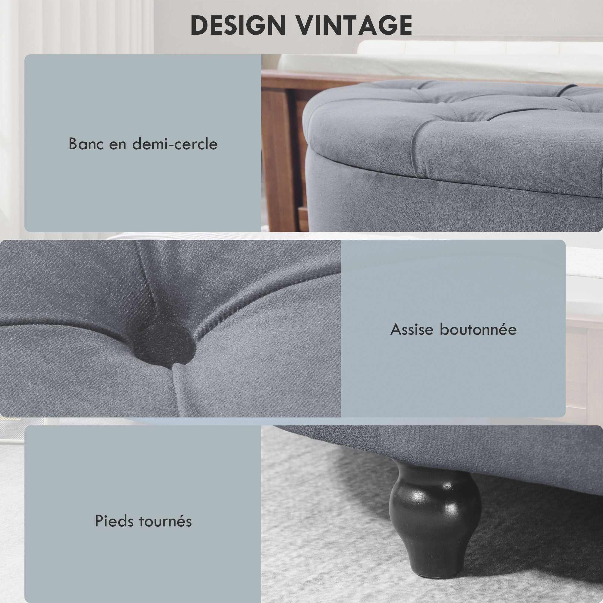 Banc de rangement, coffre de rangement design capitonné demi-cercle bout de lit avec revêtement velours, pieds en bois d'hévéa, pour salon, chambre, entrée, 120 x 46 x 42 cm, bleu