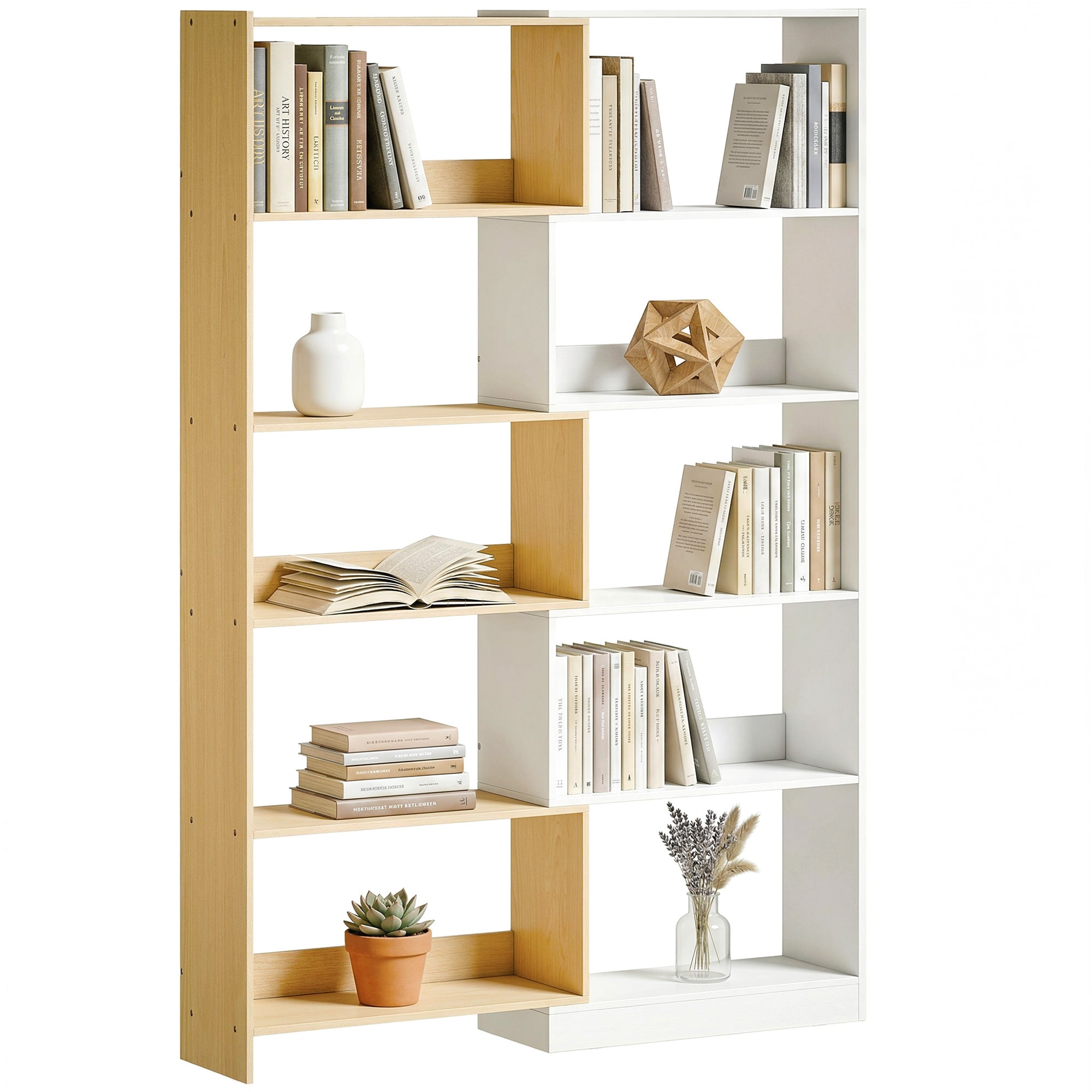 Bibliothèque d'angle rotative 350° à 5 niveaux, étagère de rangement extensible en forme L, 60-111x24x164cm, style moderne, meuble de rangement pour salon, bureau, petit espace, chêne et blanc