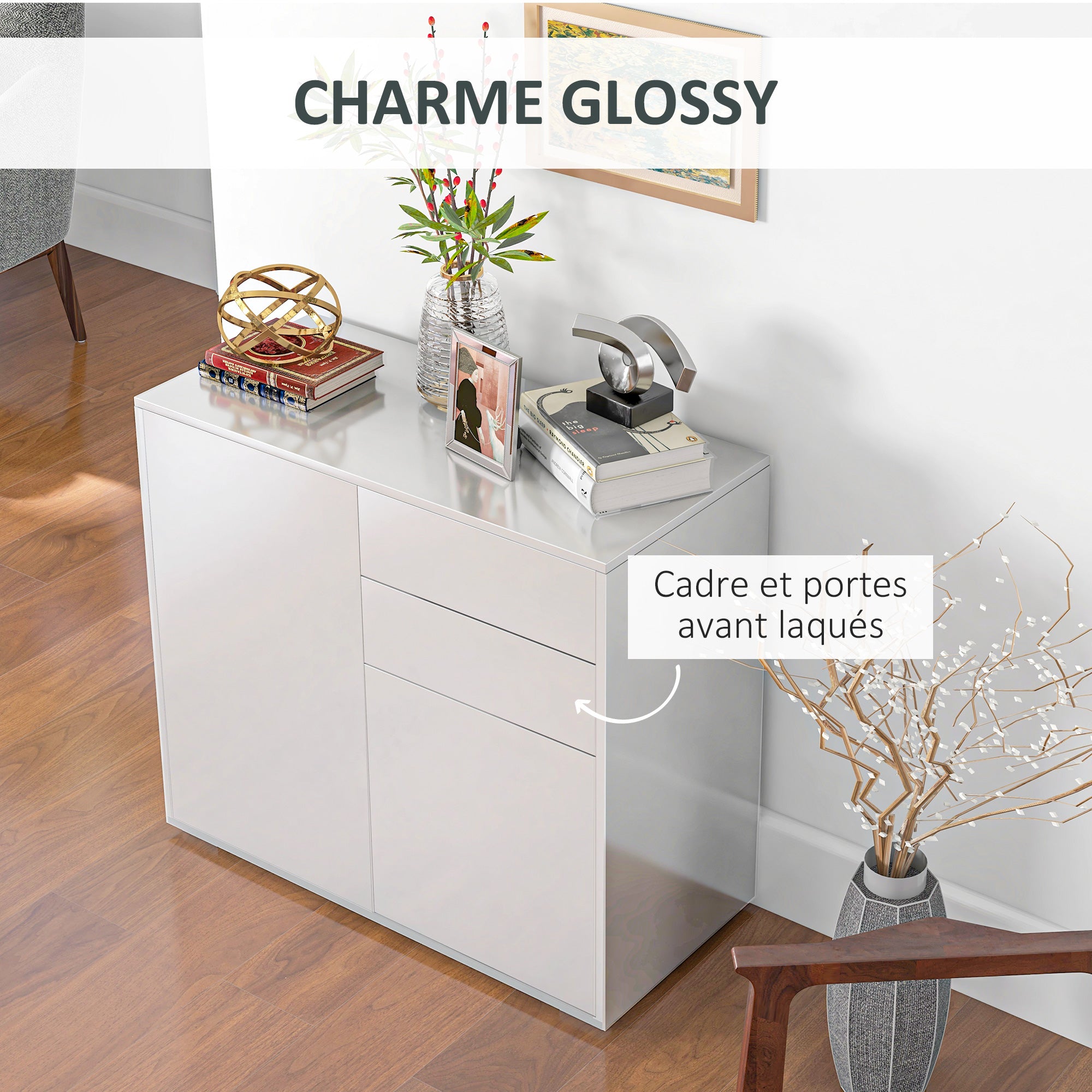 Meuble de rangement buffet commode armoire de rangement avec 2 tiroirs et 2 placards à portes, étagères réglables, pour salon, cuisine, chambre, 79 x 36 x 74 cm blanc brillant