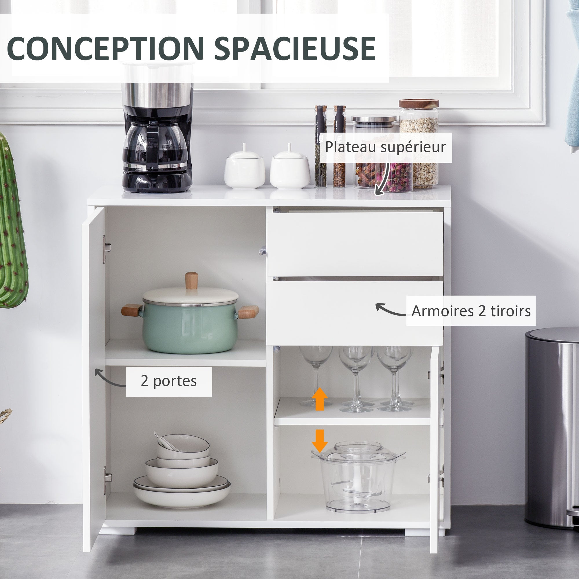 Meuble de rangement buffet commode armoire de rangement avec 2 tiroirs et 2 placards à portes, étagères réglables, pour salon, cuisine, chambre, 79 x 36 x 74 cm blanc brillant