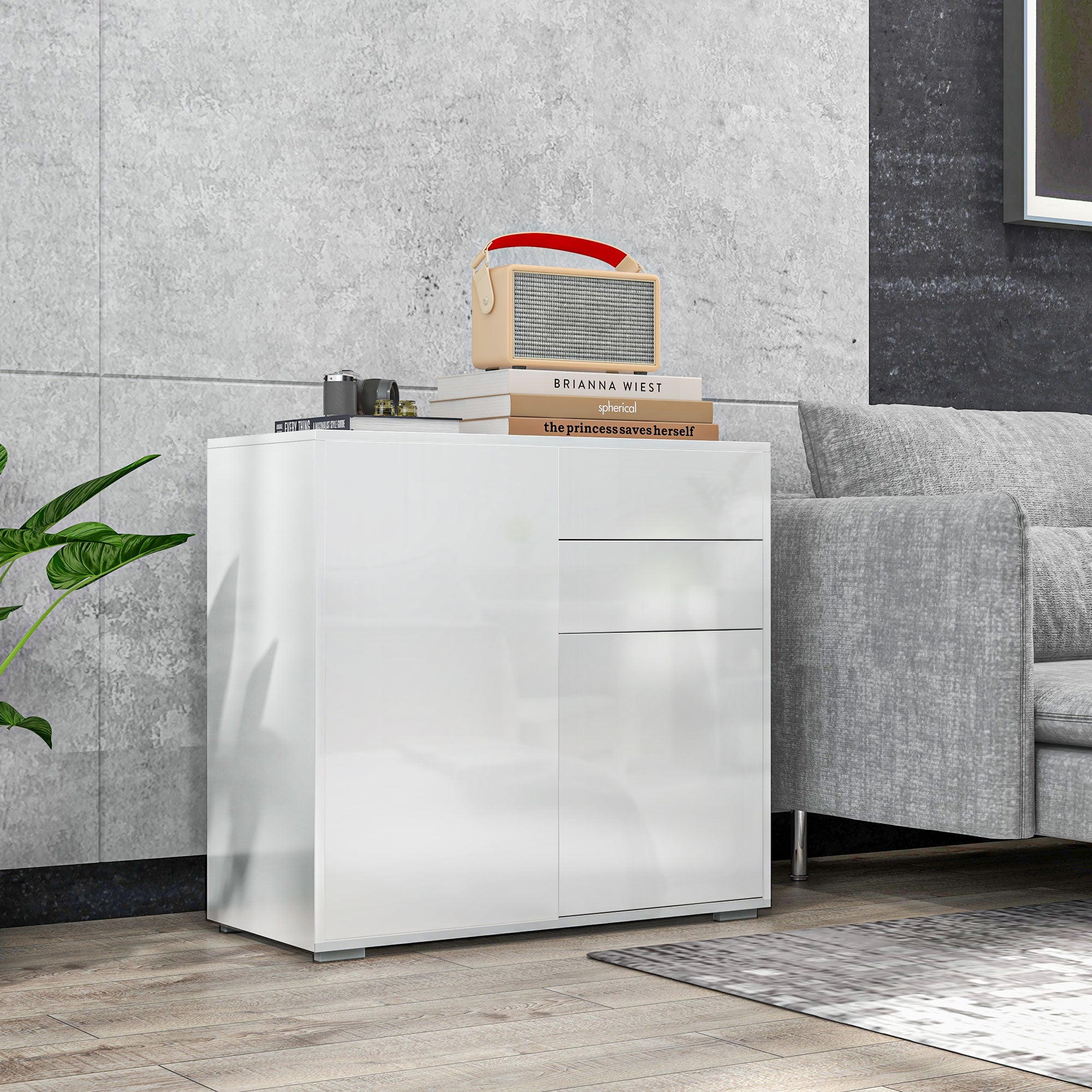 Meuble de rangement buffet commode armoire de rangement avec 2 tiroirs et 2 placards à portes, étagères réglables, pour salon, cuisine, chambre, 79 x 36 x 74 cm blanc brillant