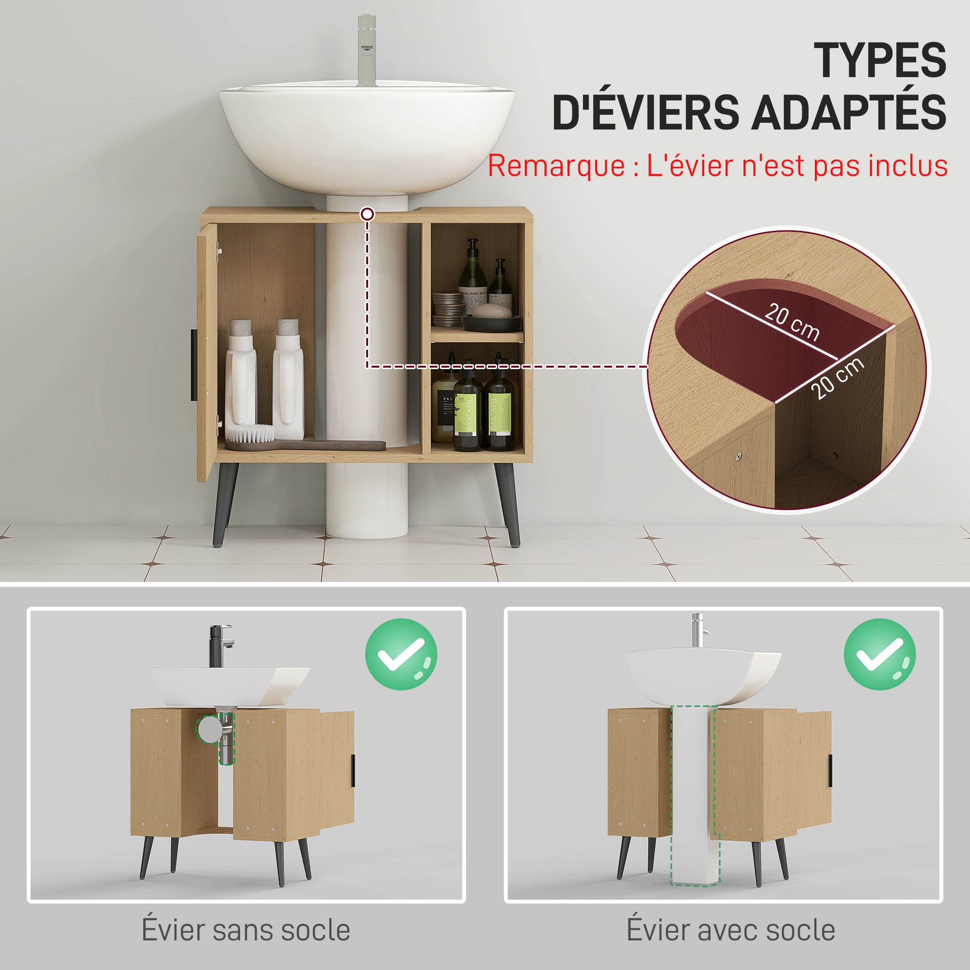 Meuble sous lavabo salle de bain, meuble sous vasque industriel avec porte à fermeture progressive et étagère réglable, 60 x 30 x 59,5 cm, chêne