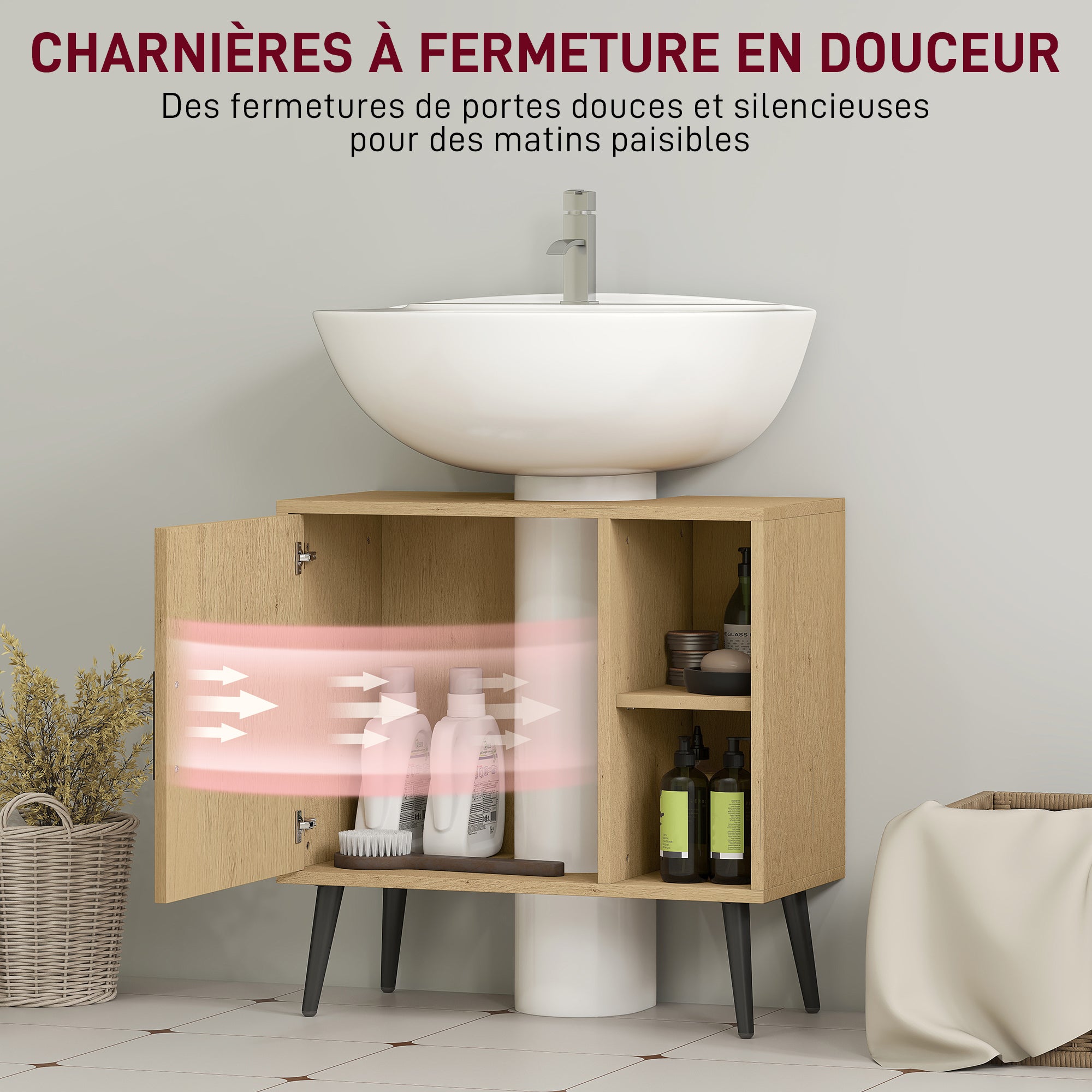 Meuble sous lavabo salle de bain, meuble sous vasque industriel avec porte à fermeture progressive et étagère réglable, 60 x 30 x 59,5 cm, chêne