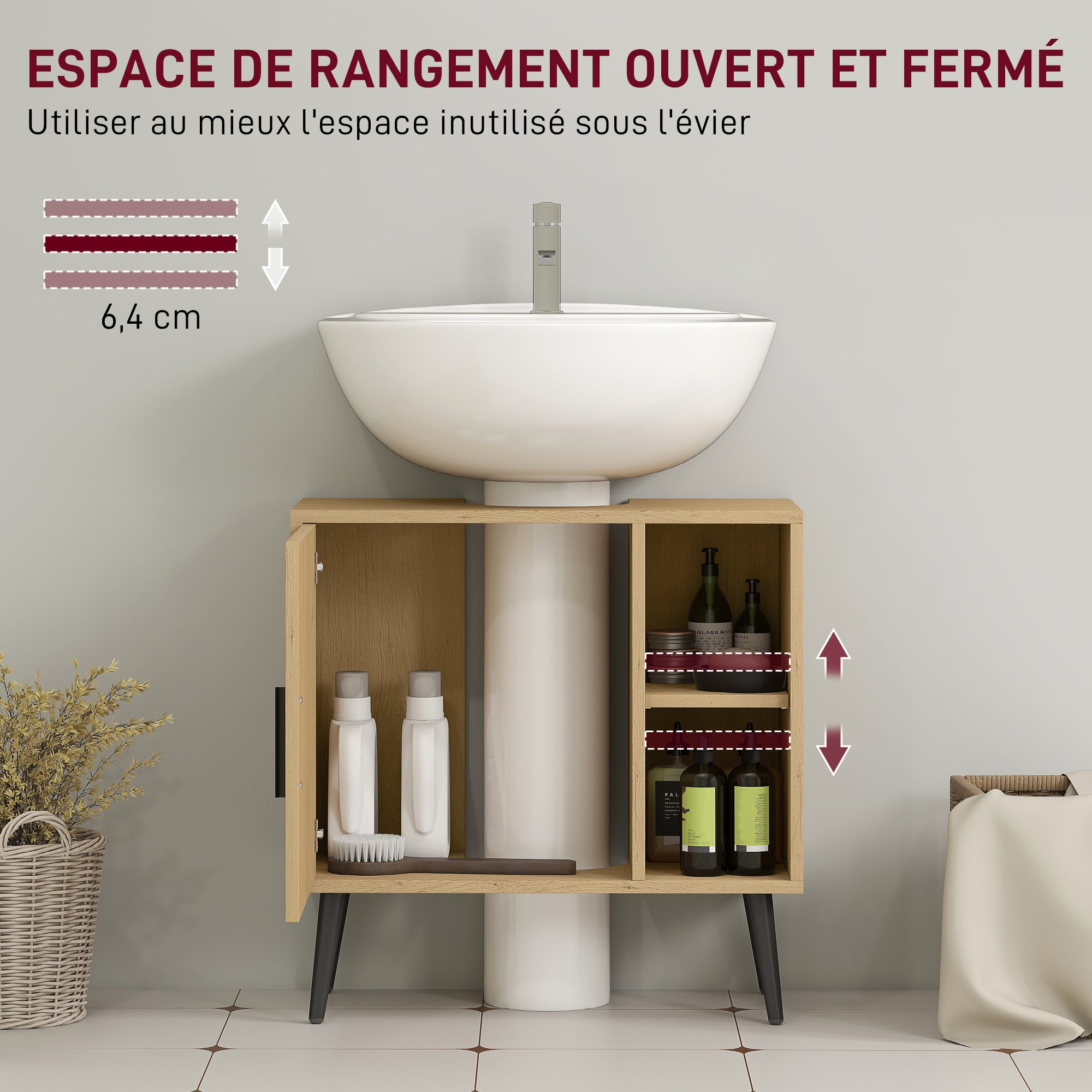 Meuble sous lavabo salle de bain, meuble sous vasque industriel avec porte à fermeture progressive et étagère réglable, 60 x 30 x 59,5 cm, chêne