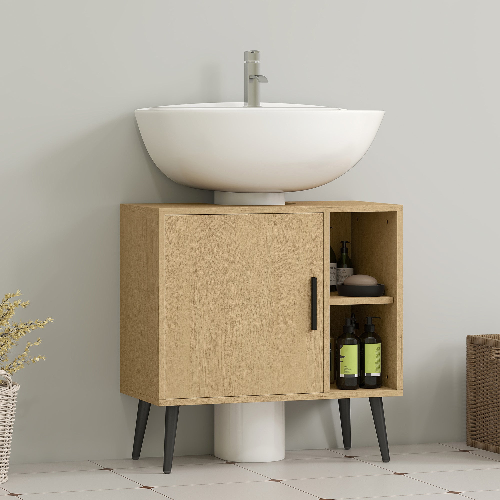 Meuble sous lavabo salle de bain, meuble sous vasque industriel avec porte à fermeture progressive et étagère réglable, 60 x 30 x 59,5 cm, chêne