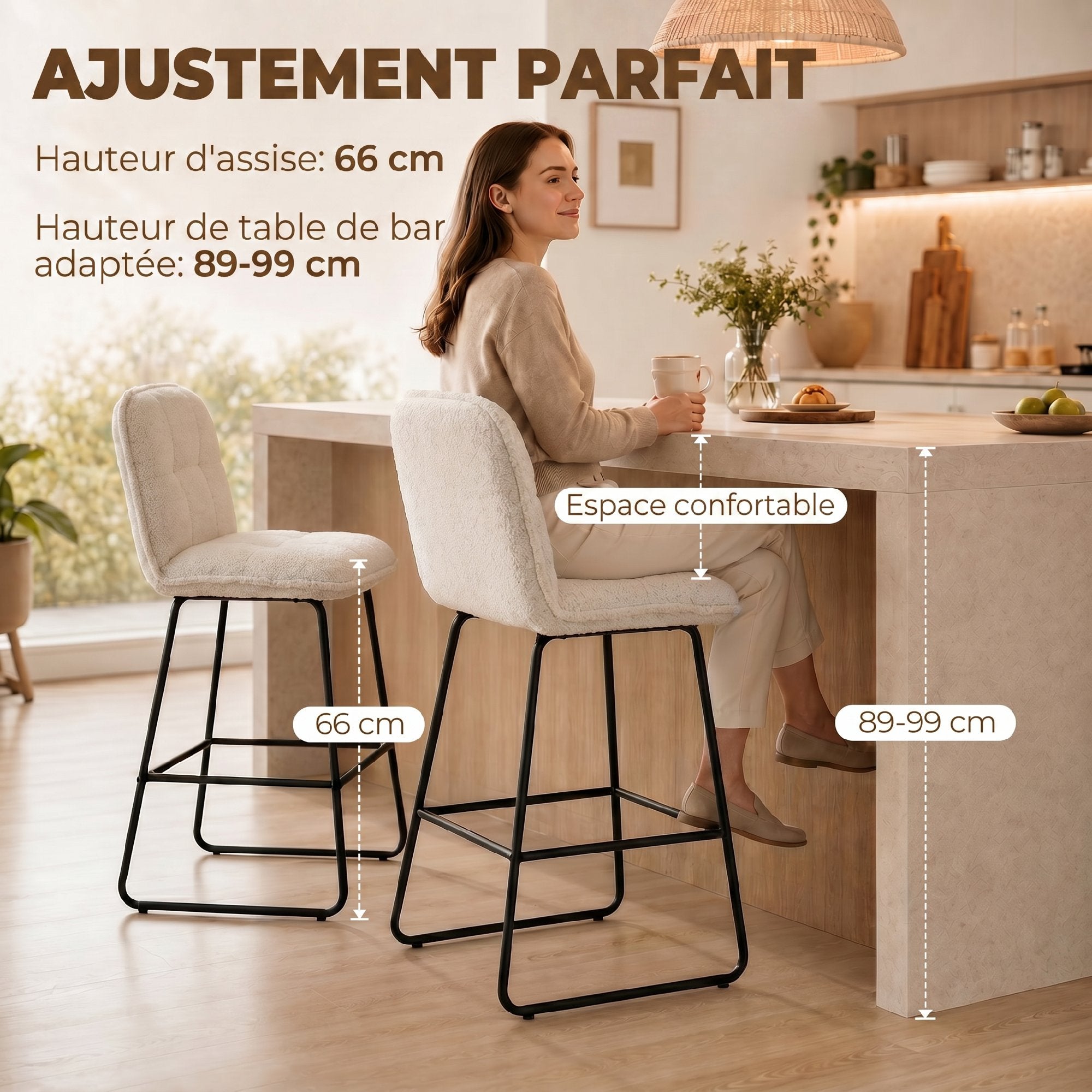 Lot de 2 Tabourets de Bar, Chaises de Bar Rembourrées en Tissu Bouclette, Extra-Large Assise 66H cm, Dossier, Repose-Pieds, Cadre en Métal, Chaises Hautes Cuisine Salle à Manger Comptoir, Crème