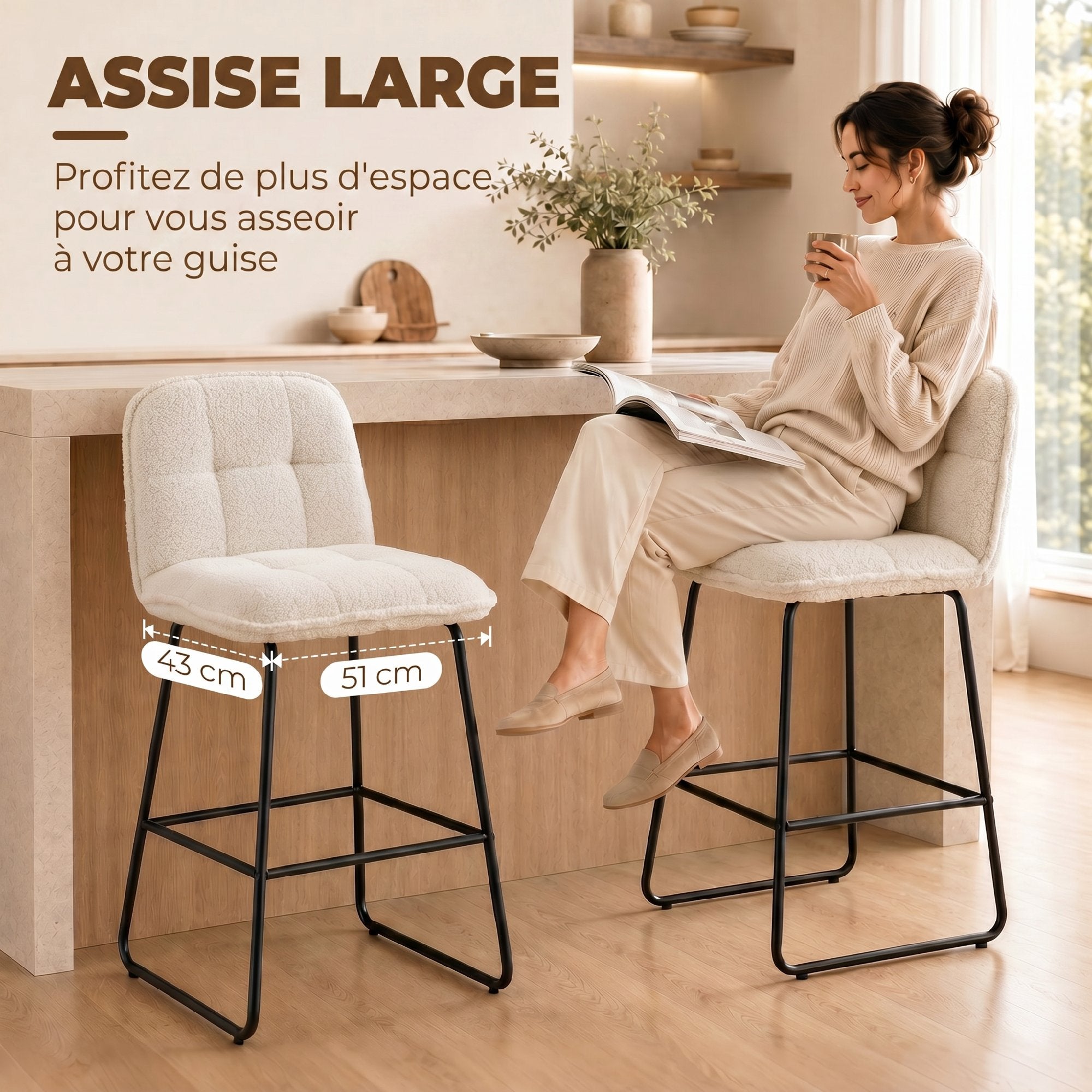 Lot de 2 Tabourets de Bar, Chaises de Bar Rembourrées en Tissu Bouclette, Extra-Large Assise 66H cm, Dossier, Repose-Pieds, Cadre en Métal, Chaises Hautes Cuisine Salle à Manger Comptoir, Crème