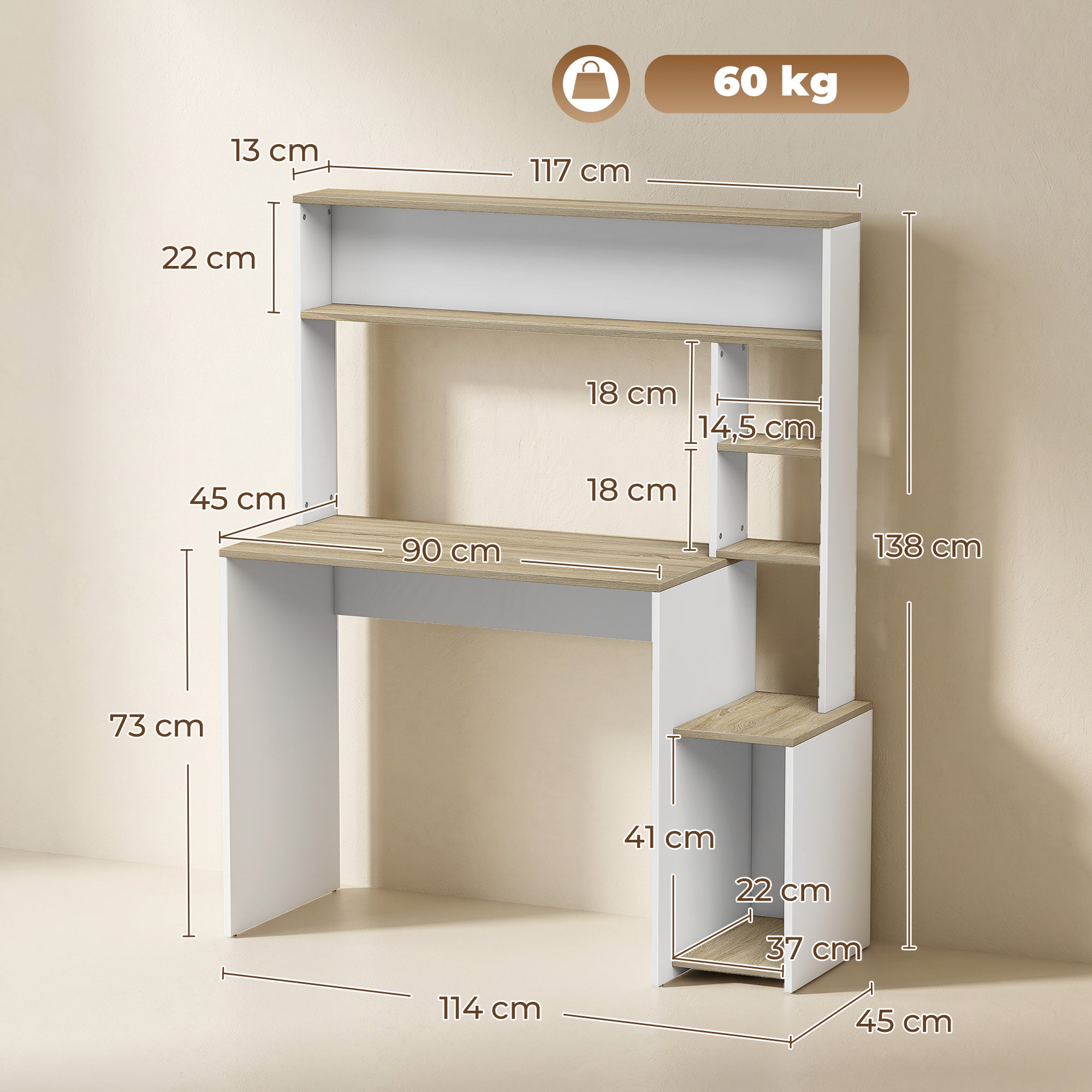 Bureau Informatique, 114x45x138cm, Bureau avec Rangement, Étagères Ouvertes, Large Plateau et Support UC, Table d'Ordinateur Moderne pour Chambre, Domicile, Petit Espace, Blanc et Bois Naturel