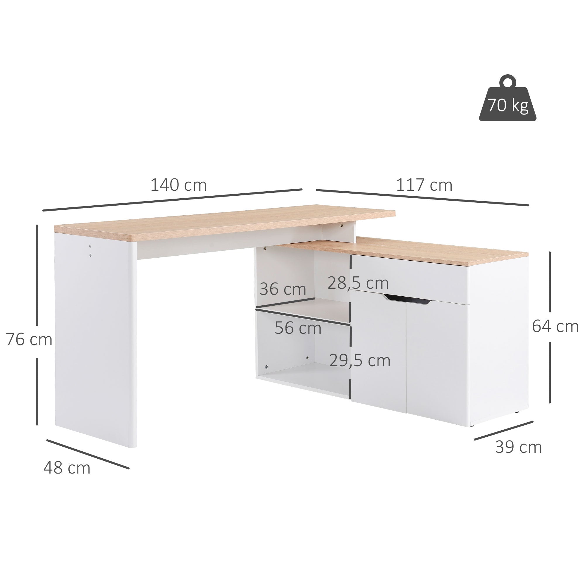 Bureau d'angle Bureau Informatique multimédia modulable Multi-rangements Double Niche + tiroir et Placard en Bois Clair Blanc